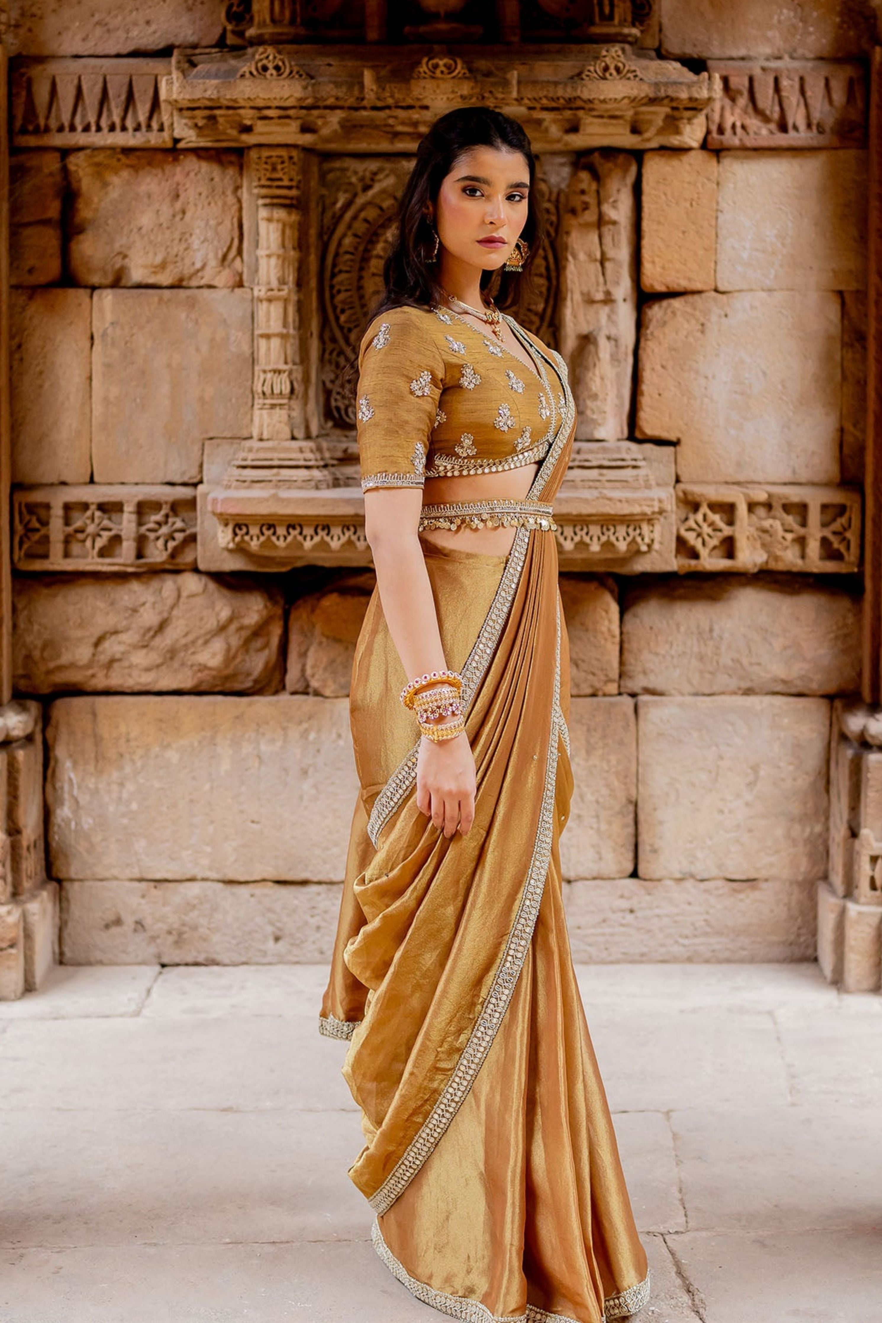 Mocha Embroidered Tissue Draped Saree Set