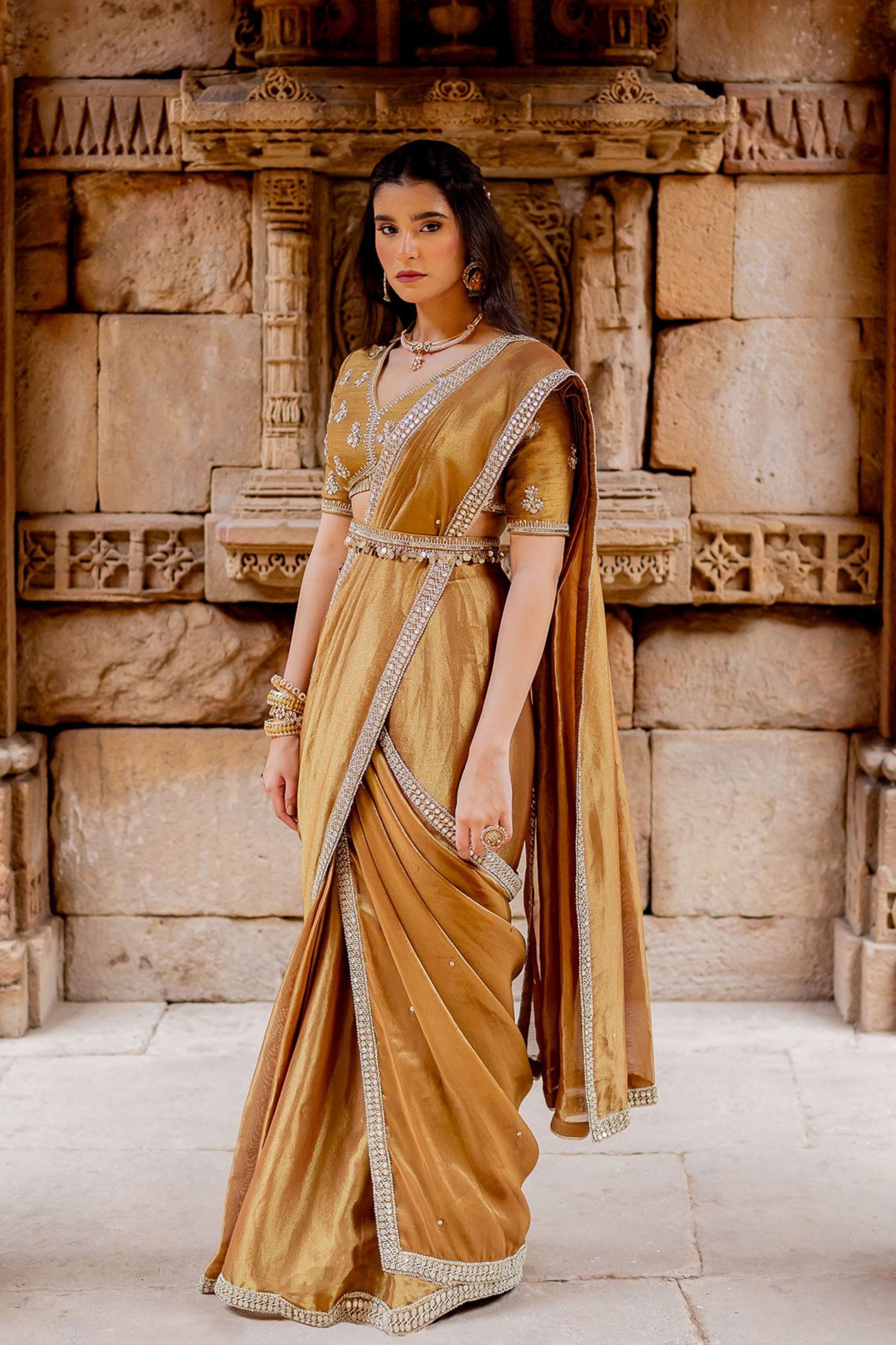Mocha Embroidered Tissue Draped Saree Set