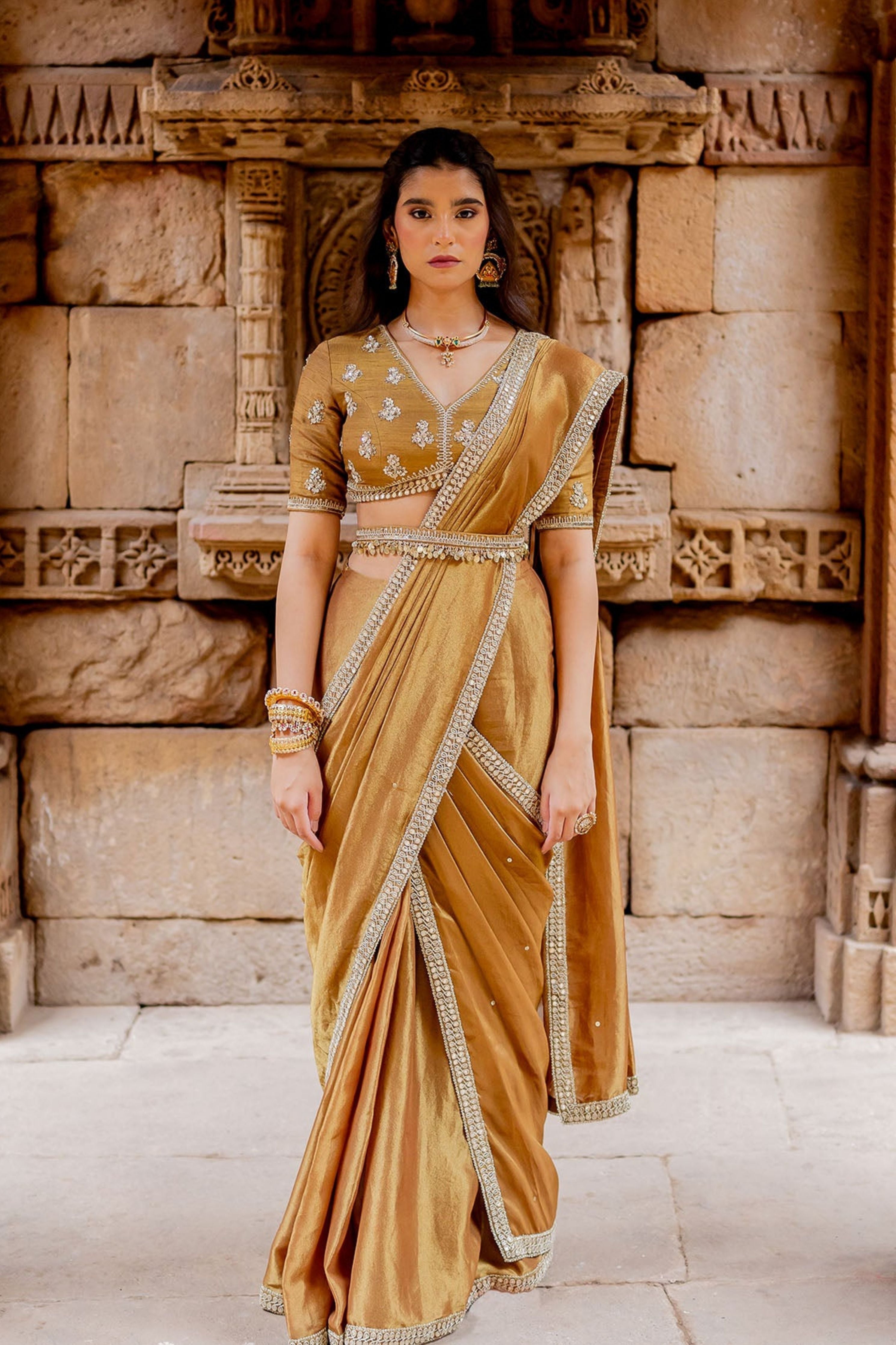 Mocha Embroidered Tissue Draped Saree Set