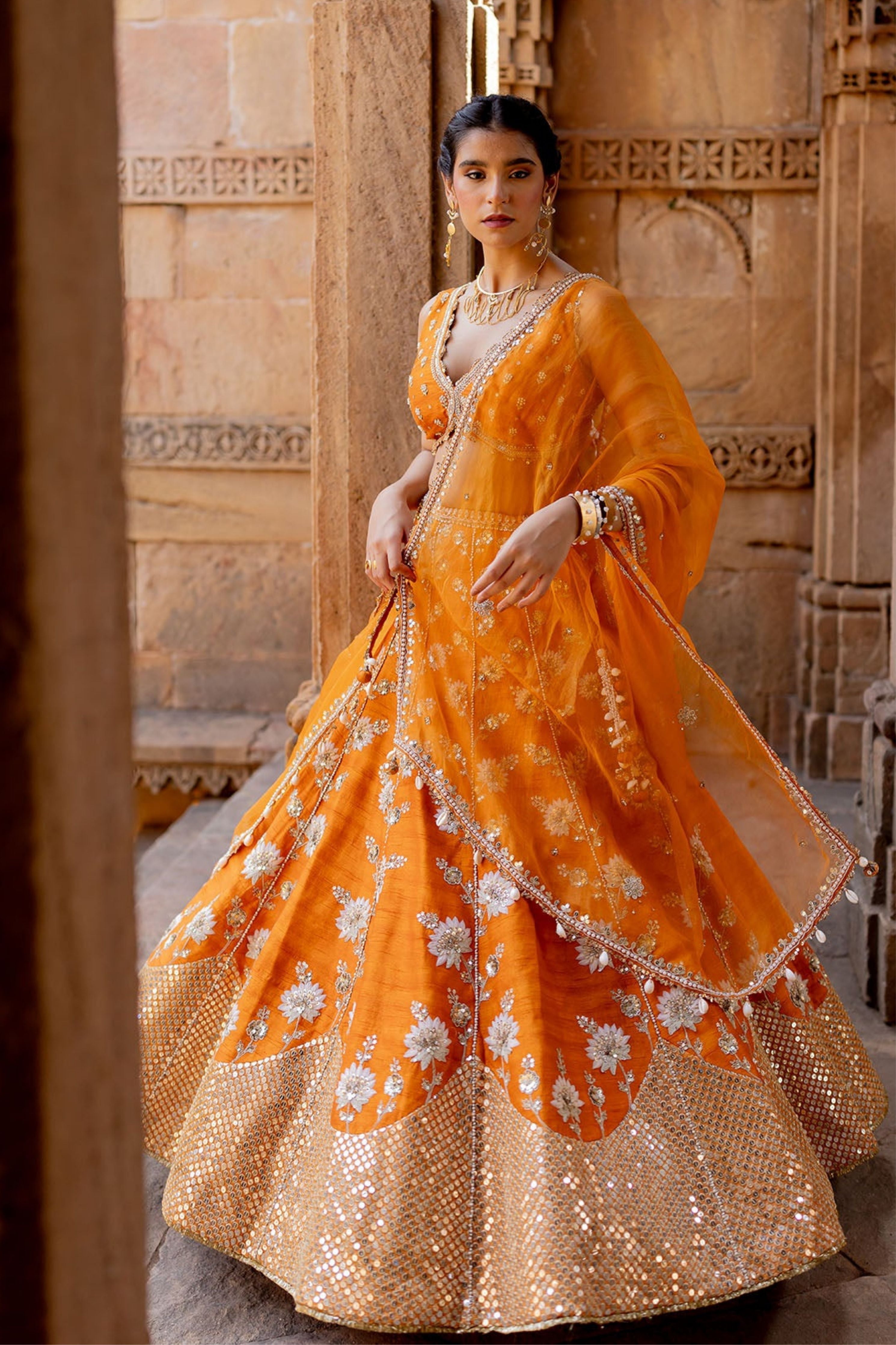 Tangerine Silk Embroidered Lehenga Set