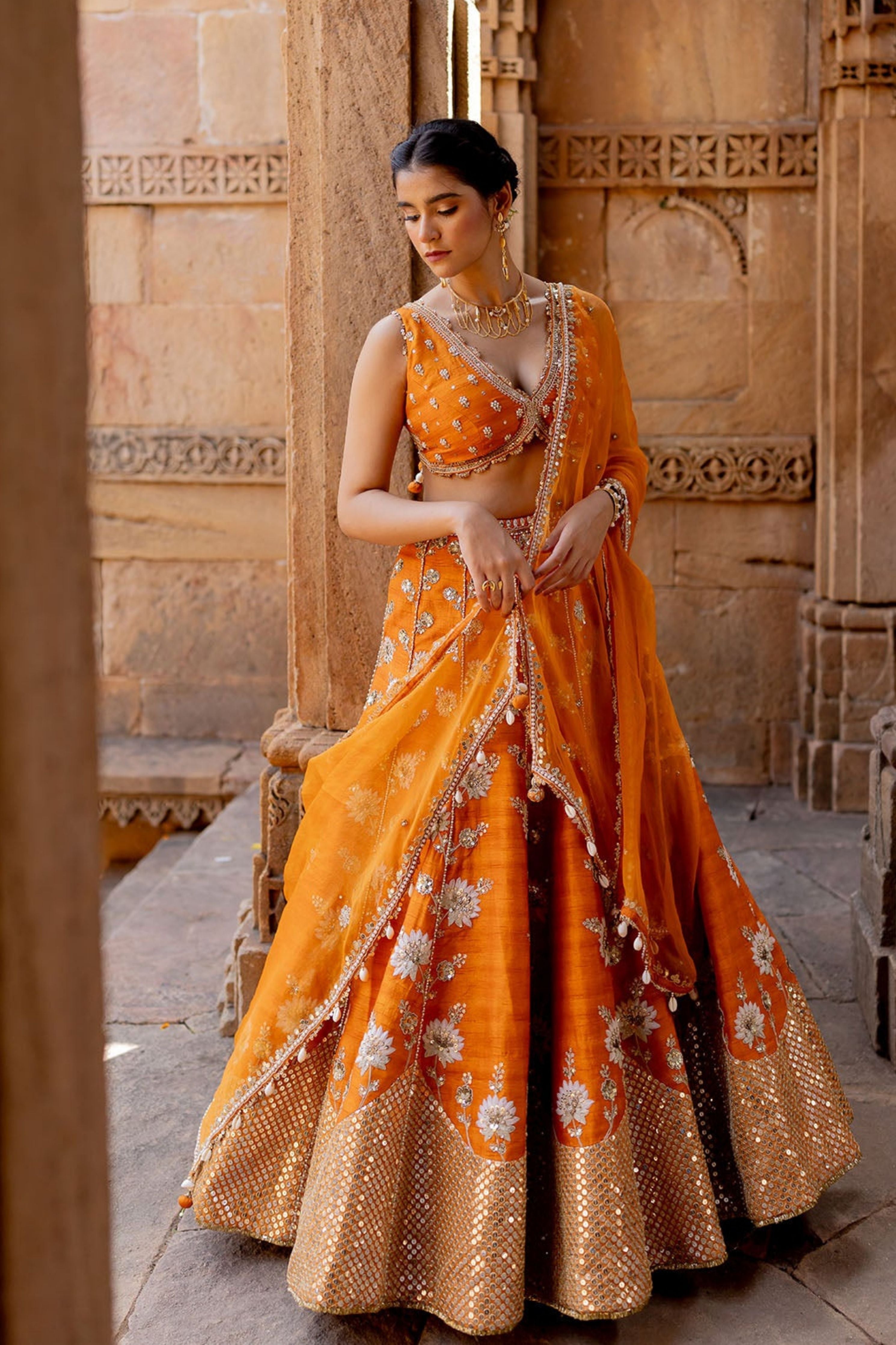 Tangerine Silk Embroidered Lehenga Set