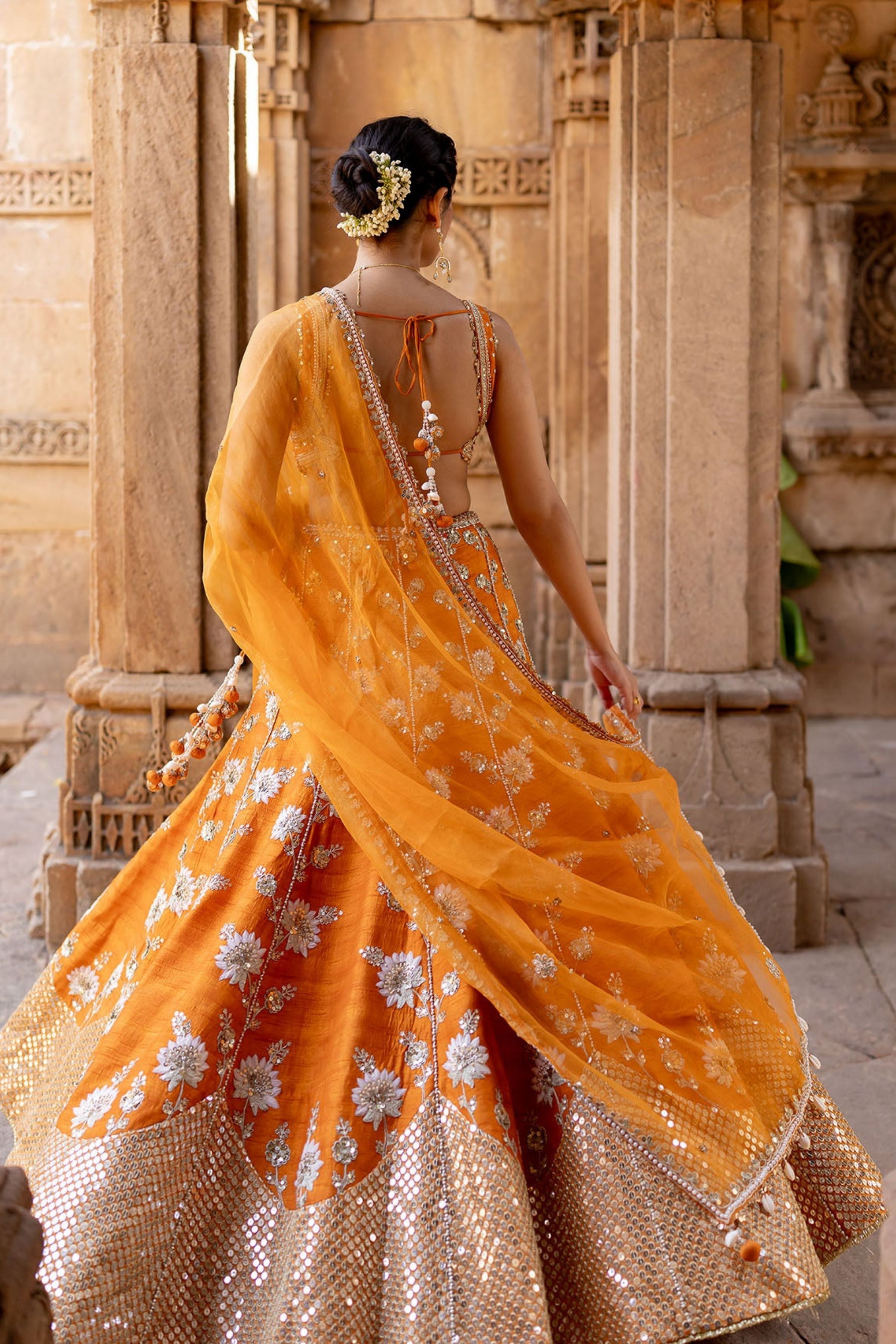 Tangerine Silk Embroidered Lehenga Set