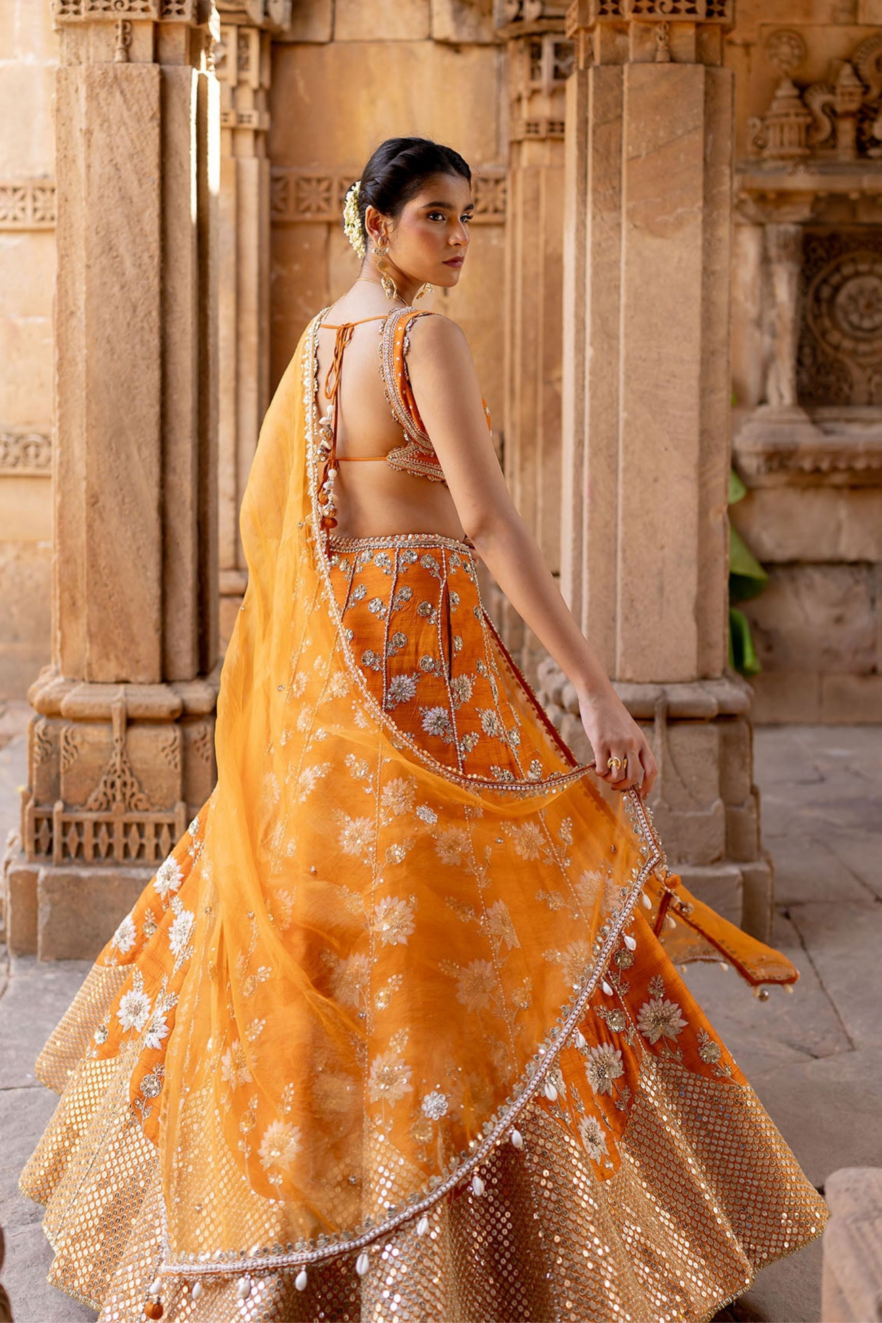 Tangerine Silk Embroidered Lehenga Set