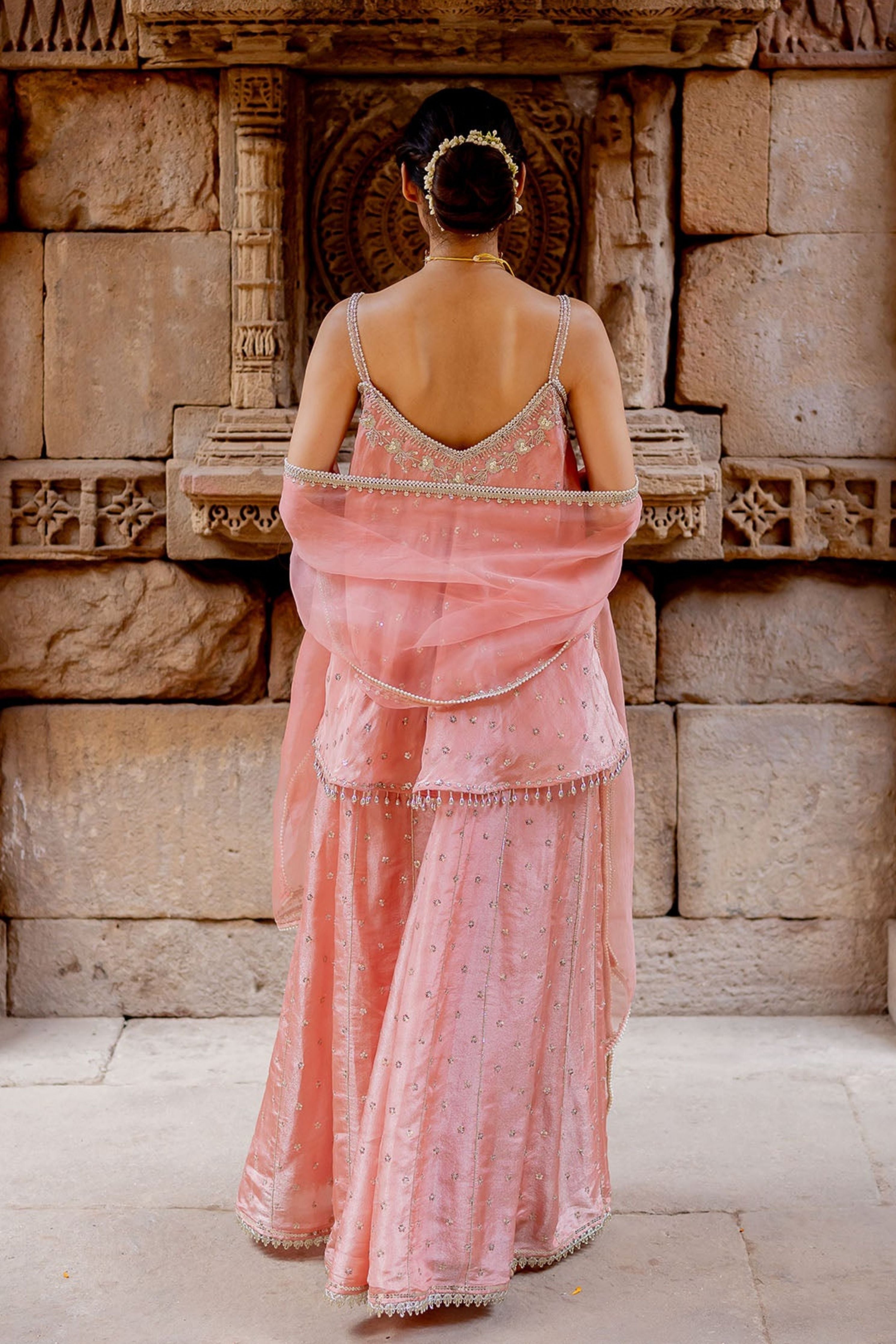 Rose Pink Embroidered Tissue Sharara Set