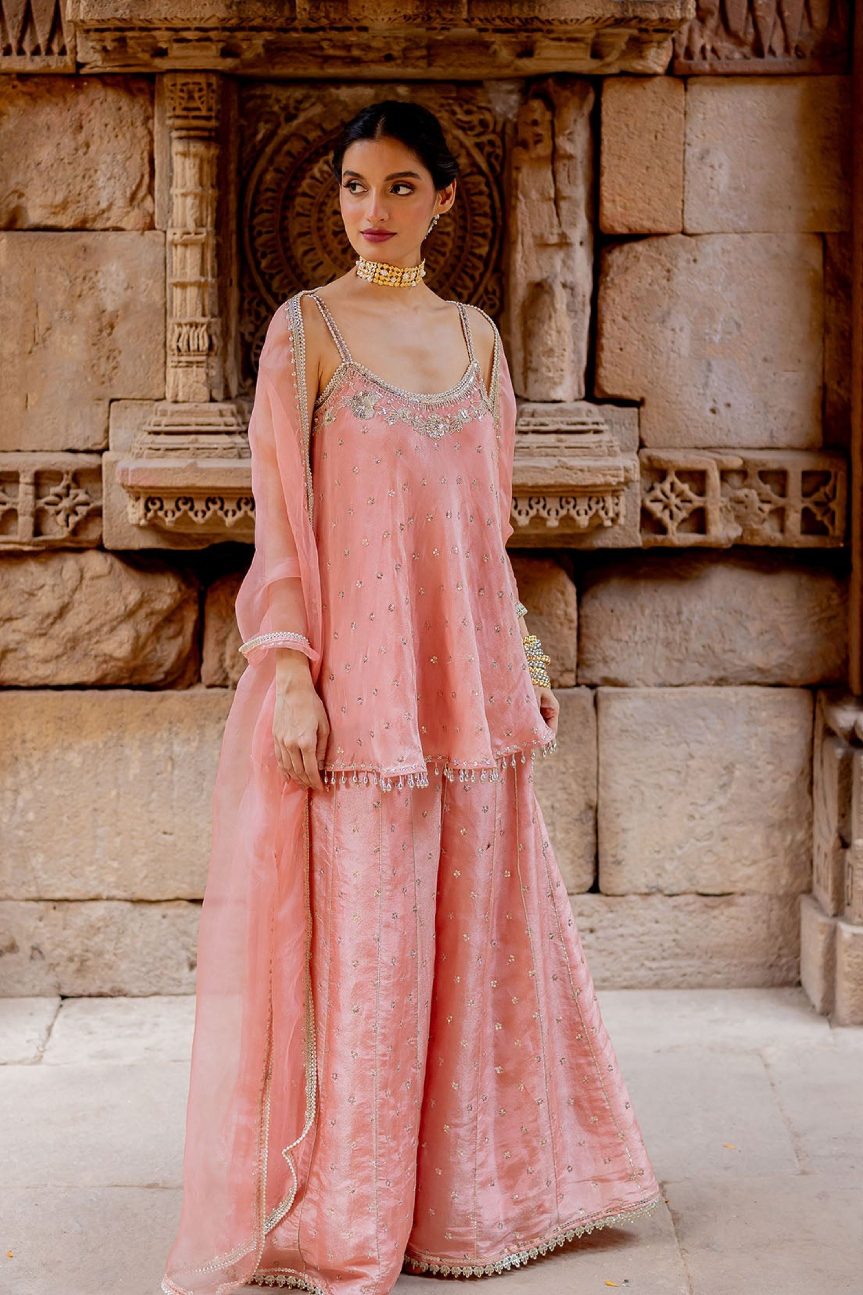 Rose Pink Embroidered Tissue Sharara Set