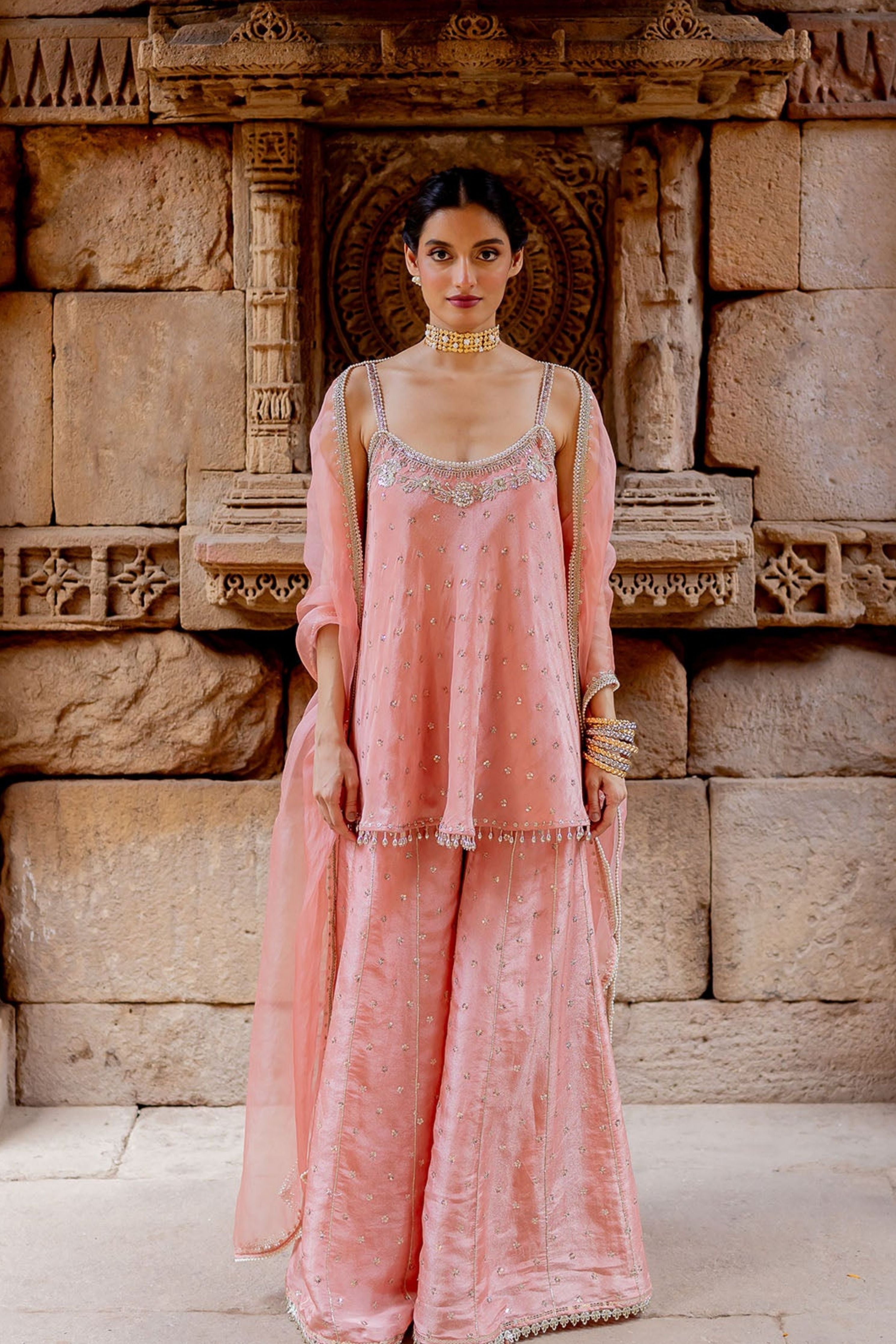 Rose Pink Embroidered Tissue Sharara Set