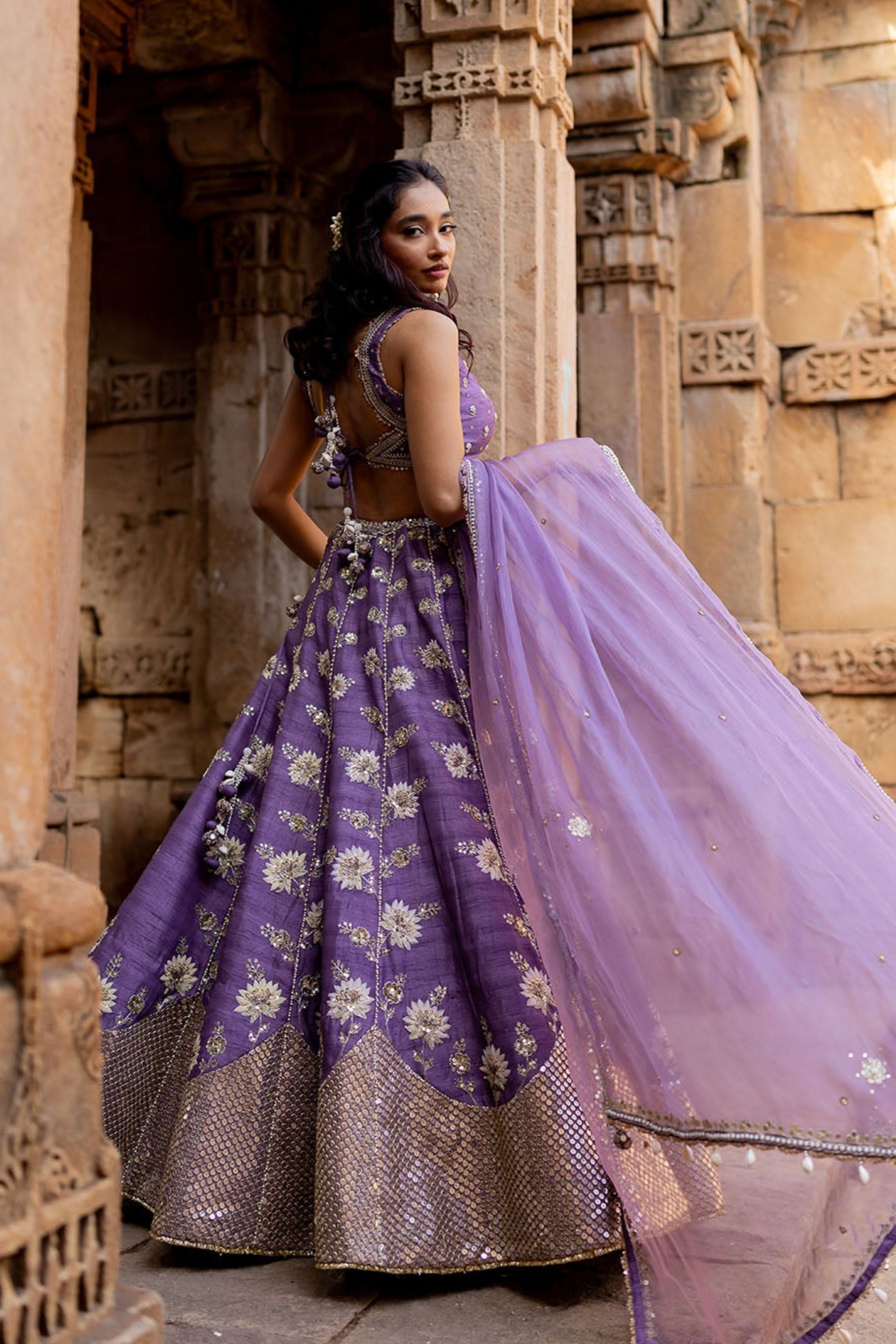 Lavender Silk Embroidered Lehenga Set