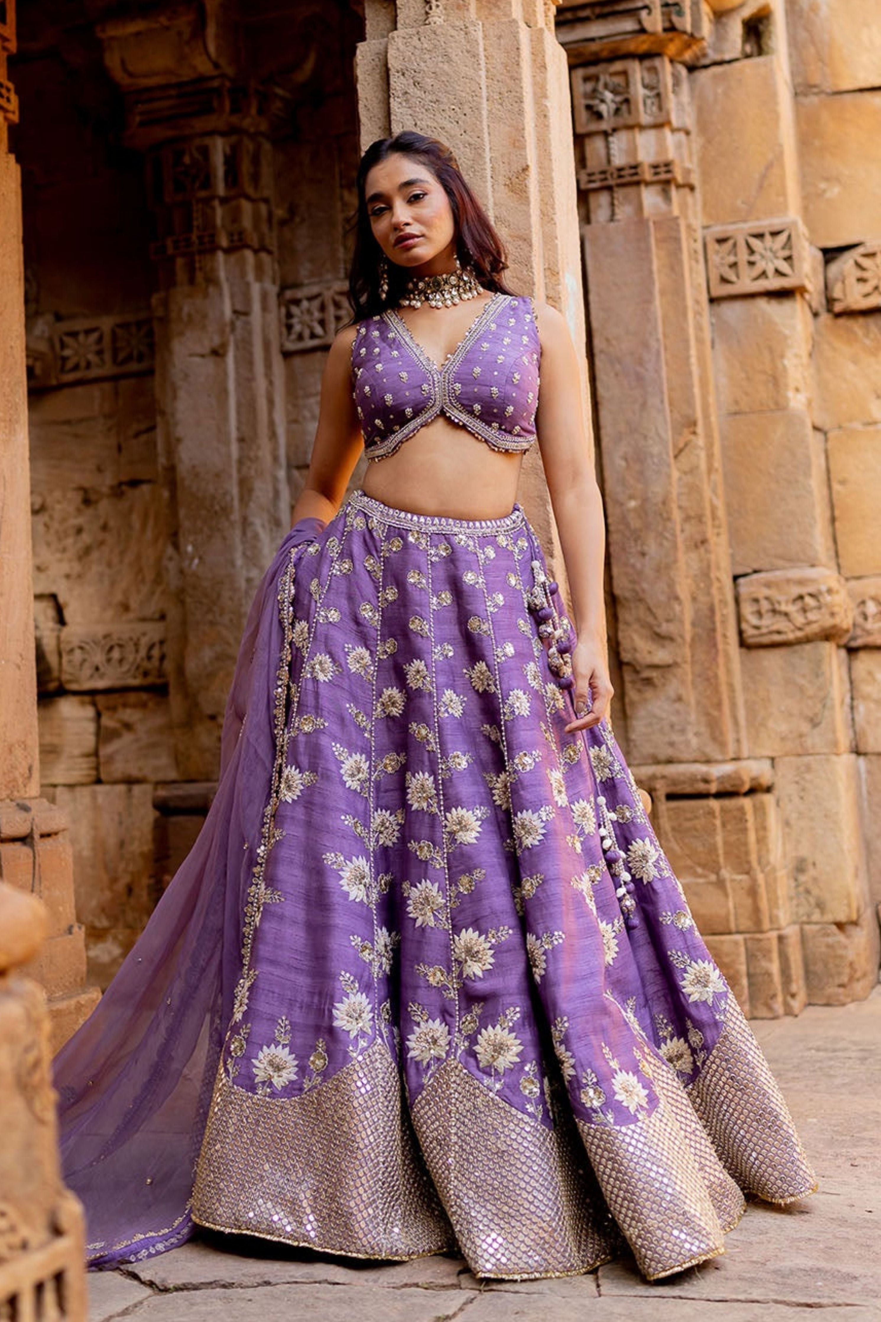 Lavender Silk Embroidered Lehenga Set