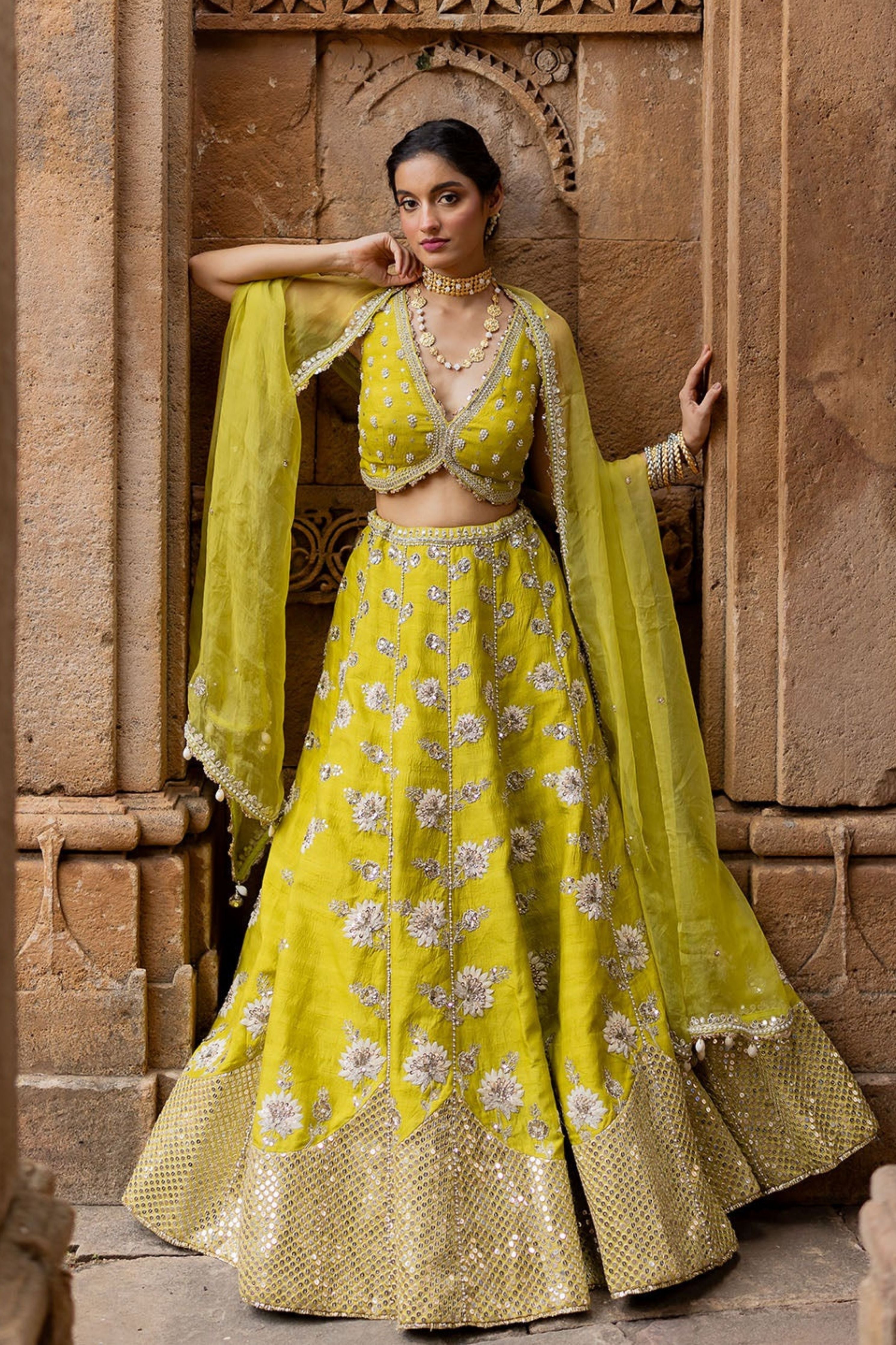 Lime Green Silk Embroidered Lehenga Set
