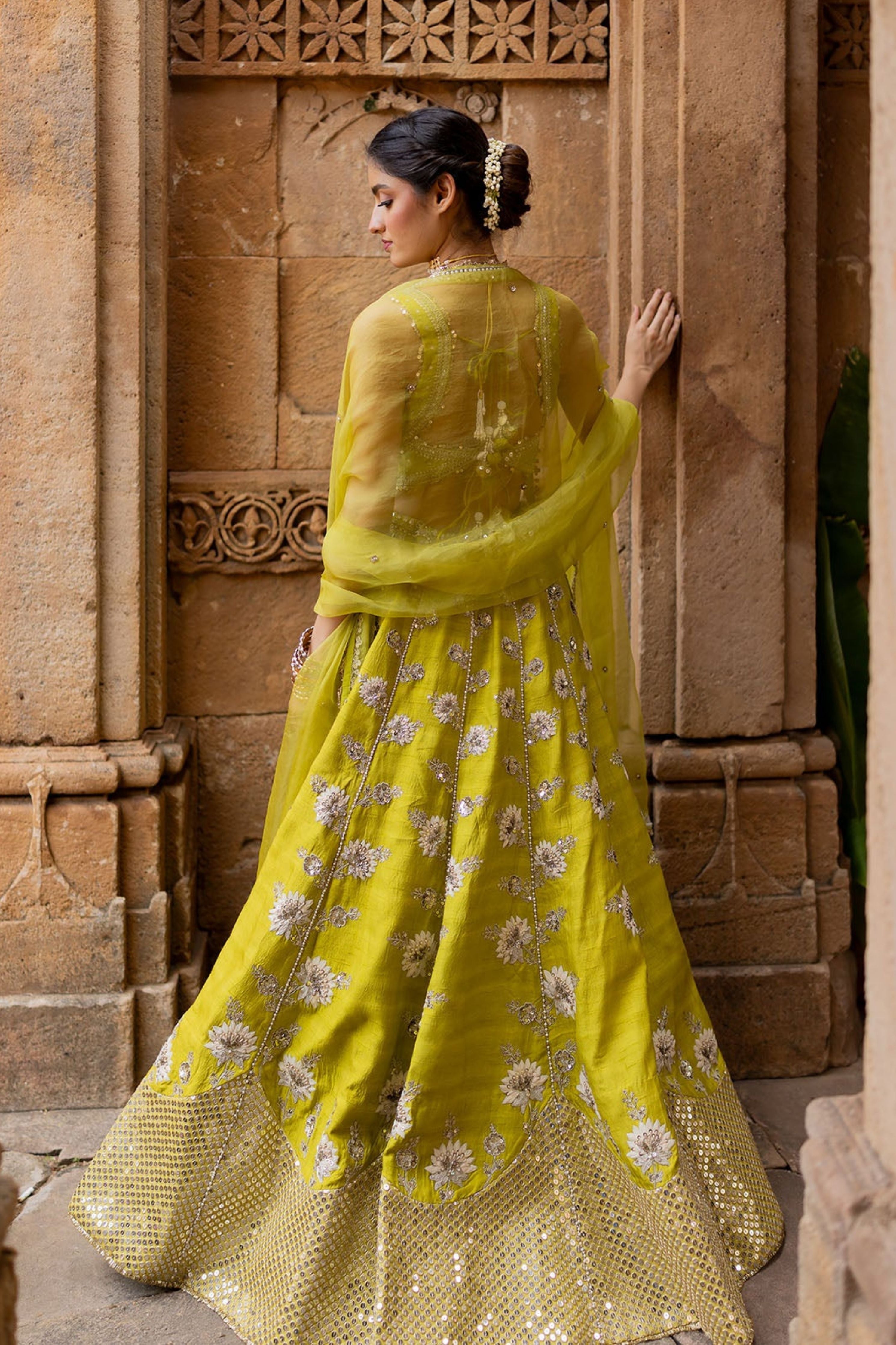 Lime Green Silk Embroidered Lehenga Set