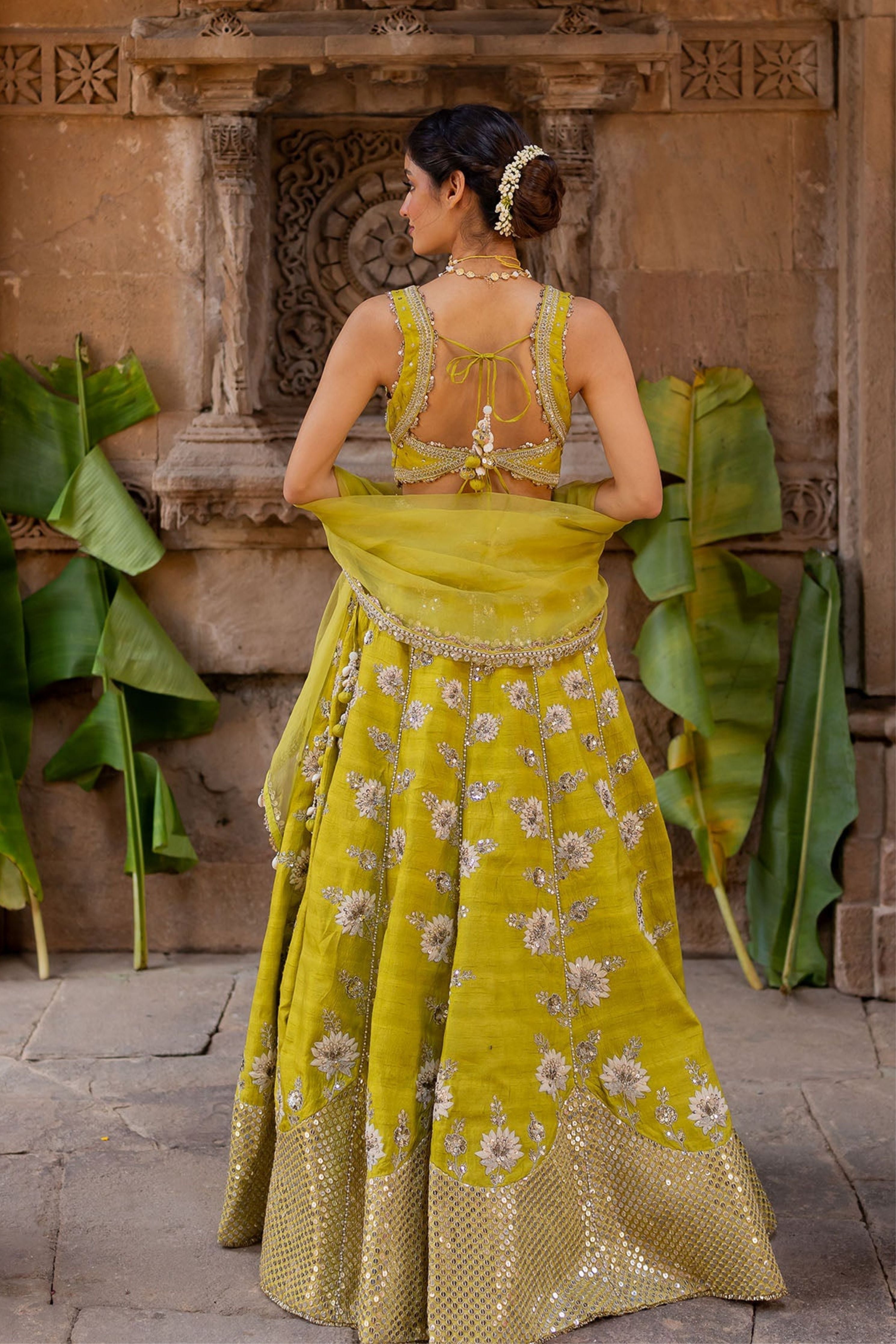 Lime Green Silk Embroidered Lehenga Set