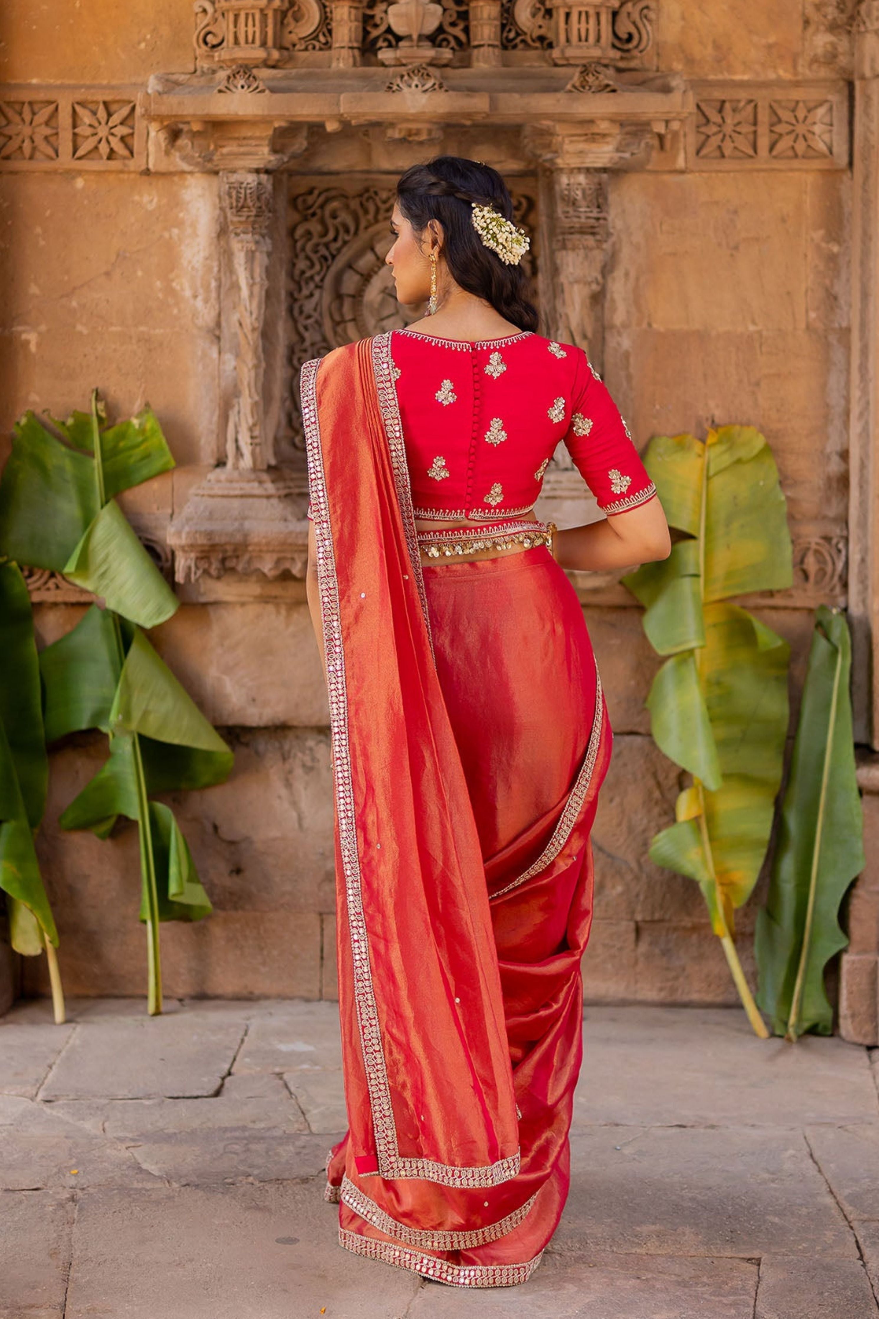 Cherry Red Embroidered Tissue Draped Saree Set