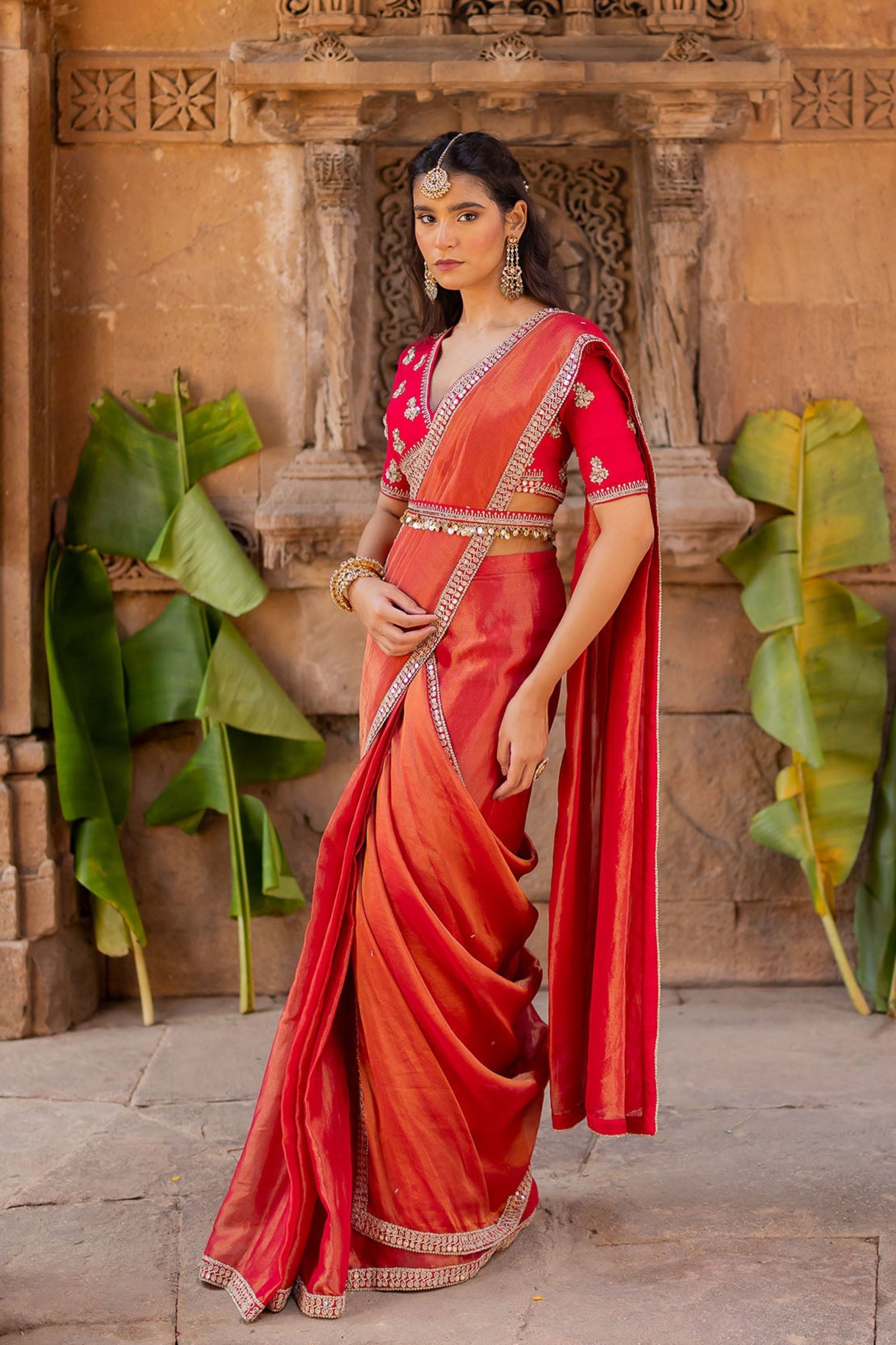 Cherry Red Embroidered Tissue Draped Saree Set