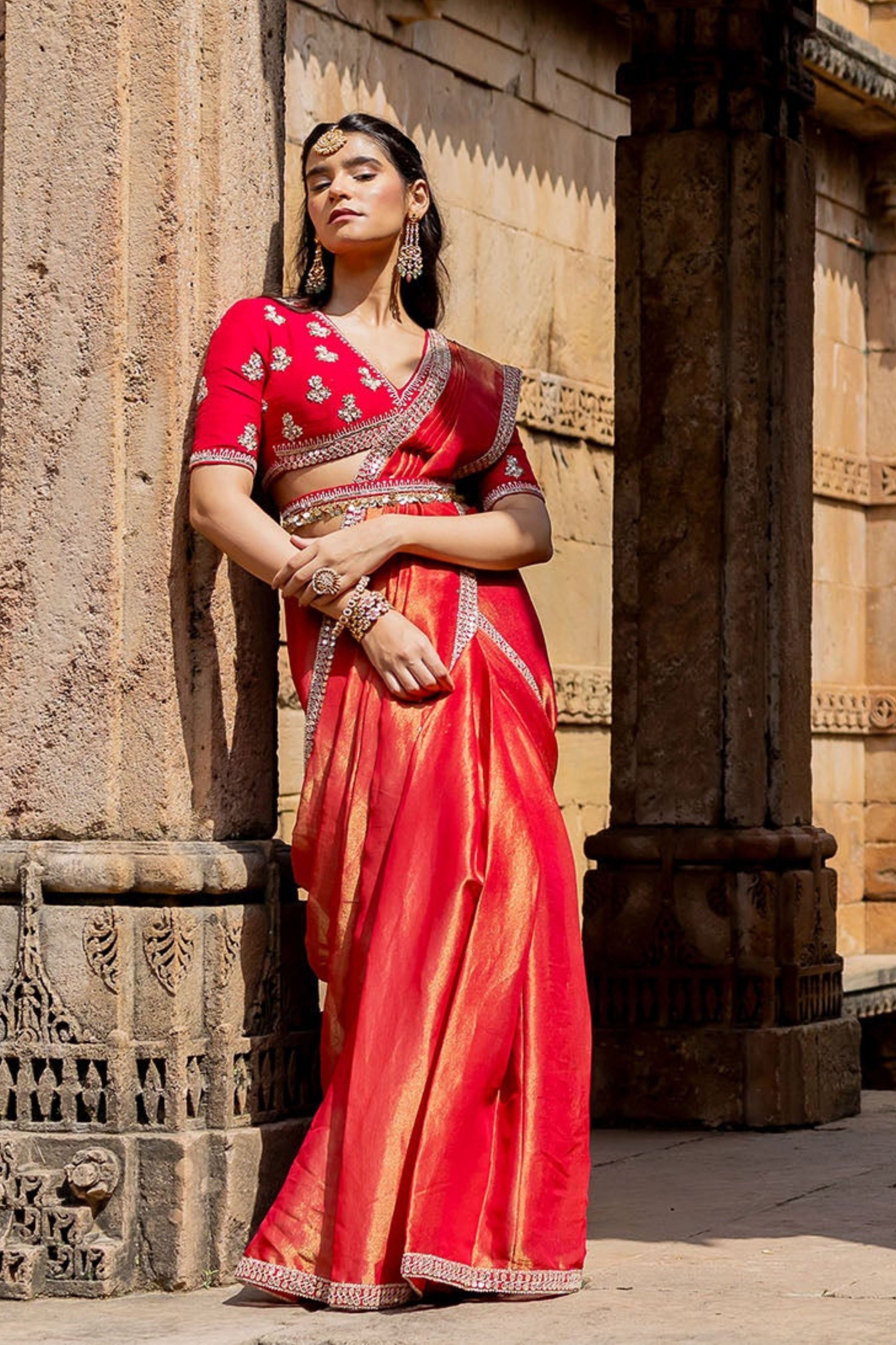 Cherry Red Embroidered Tissue Draped Saree Set