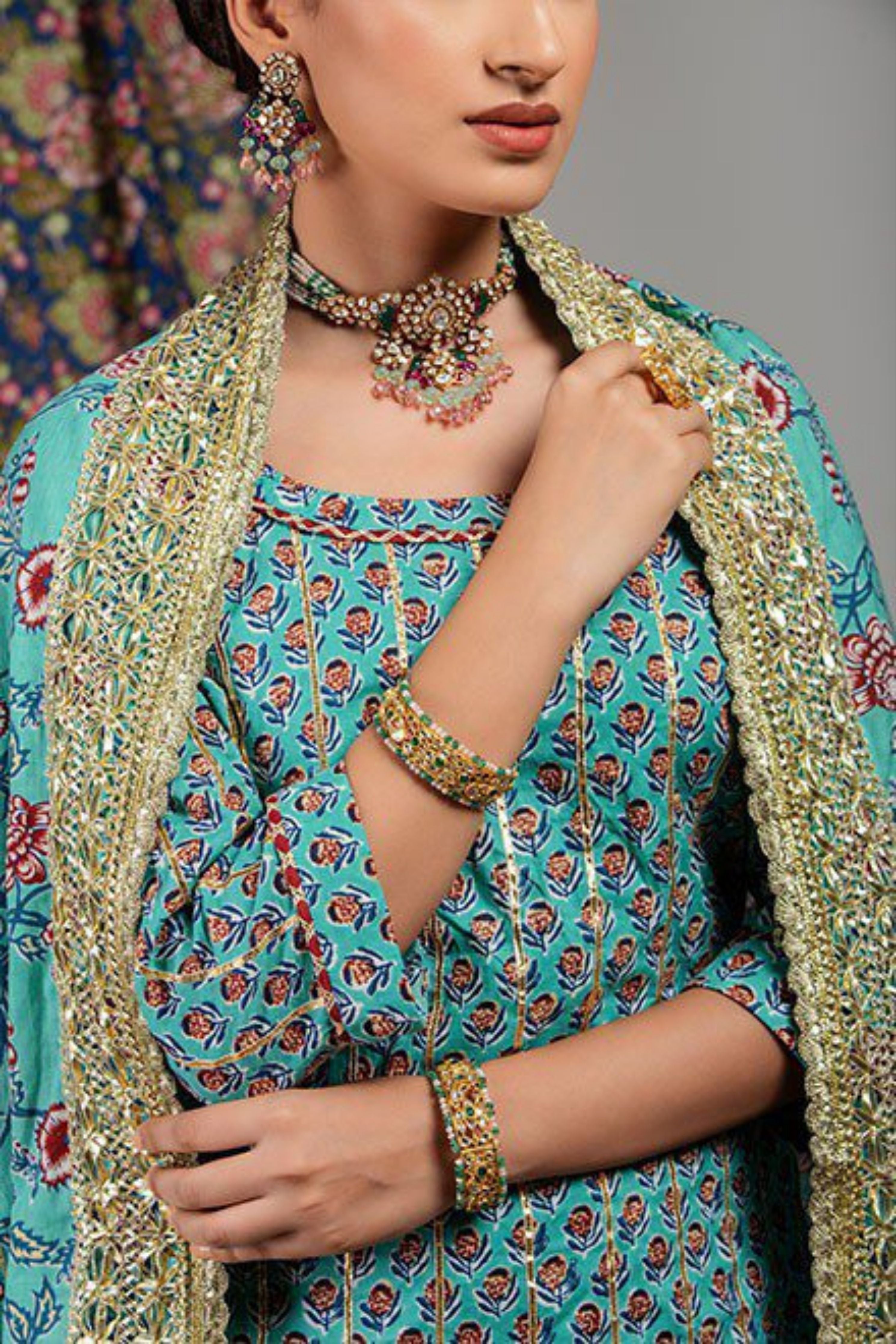 Aqua Green Floral Cotton Sharara Set