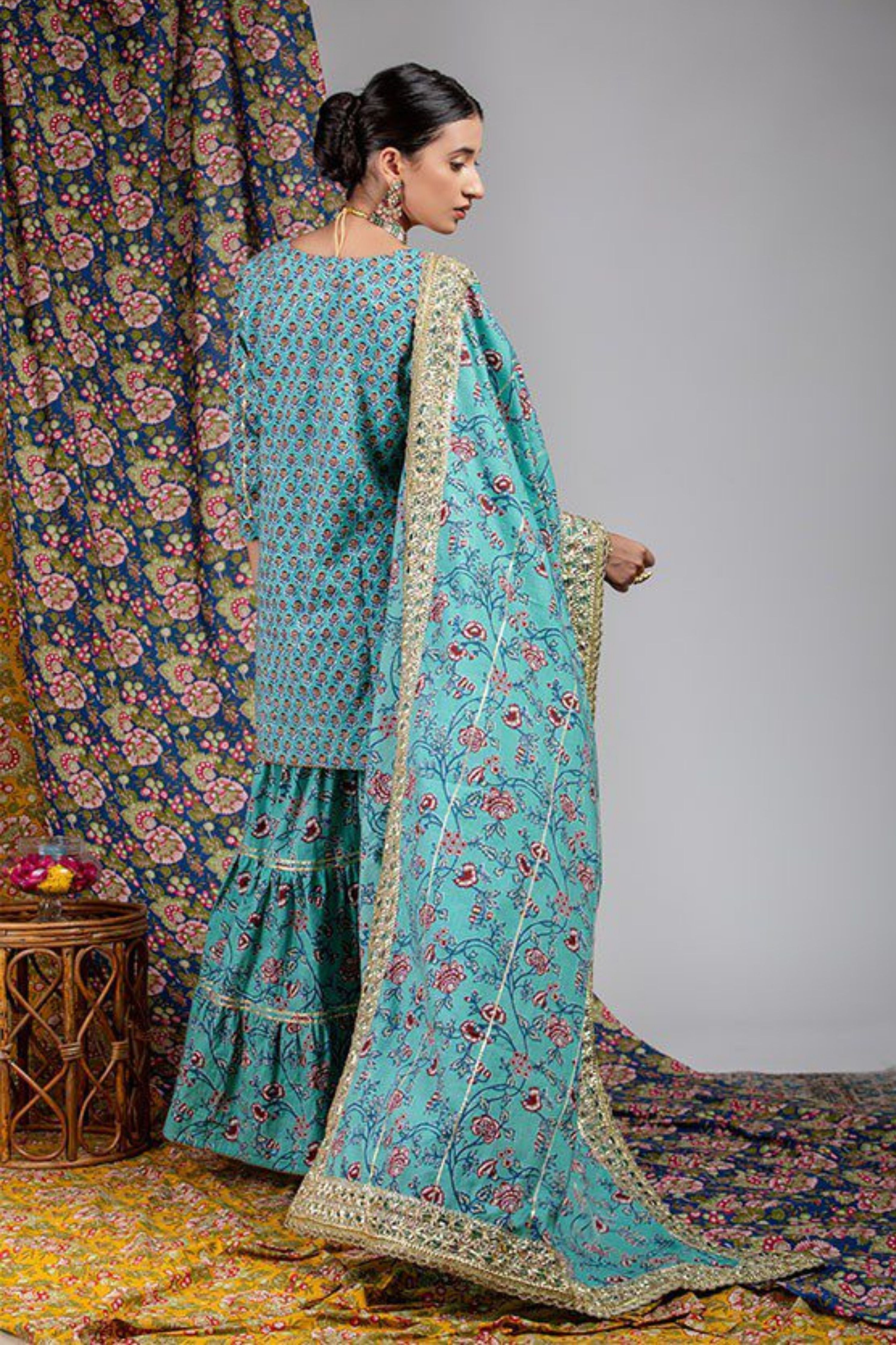 Aqua Green Floral Cotton Sharara Set