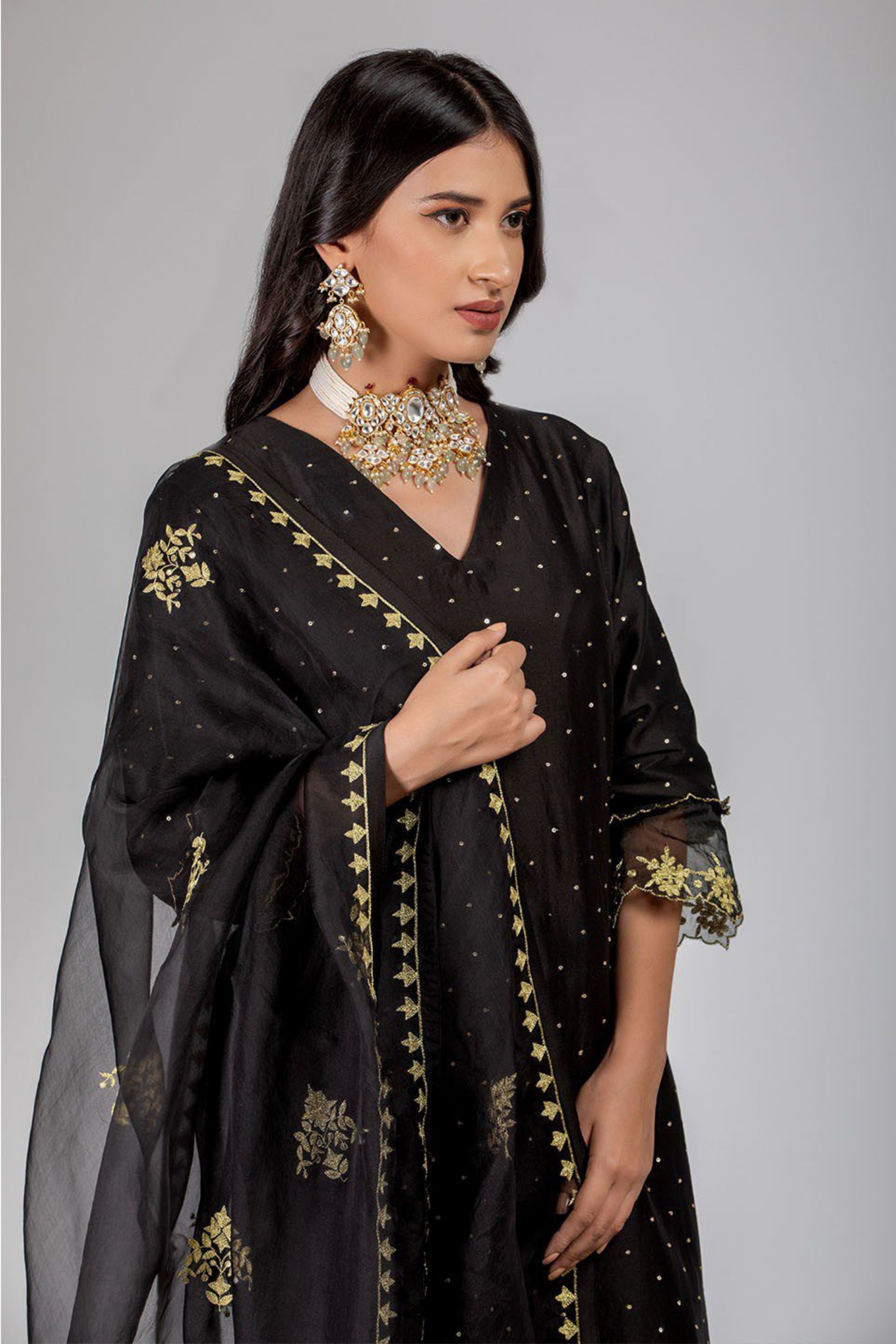 Black Chanderi Silk Kurta Set