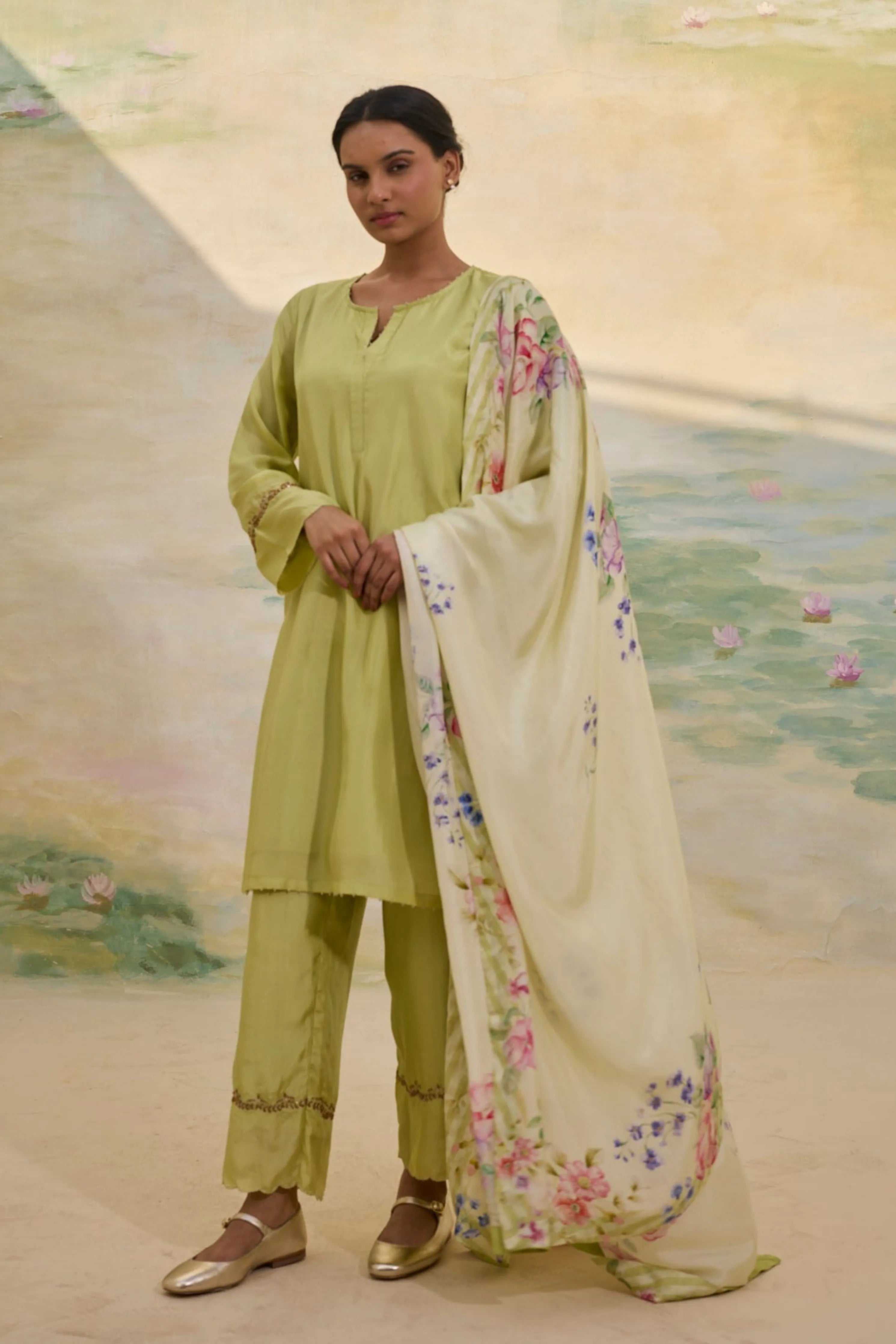 Green Short Silk Kurta Set
