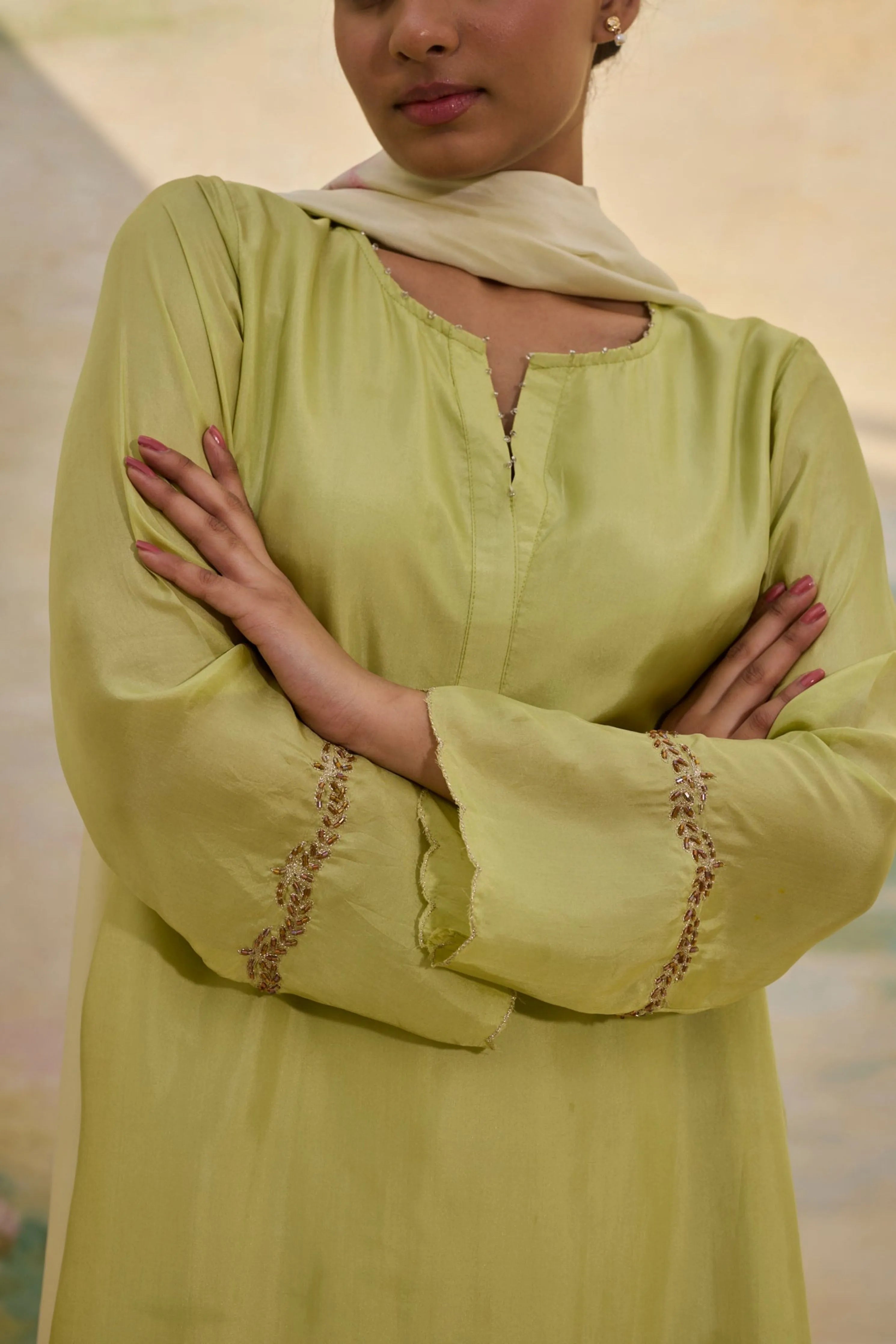 Green Short Silk Kurta Set