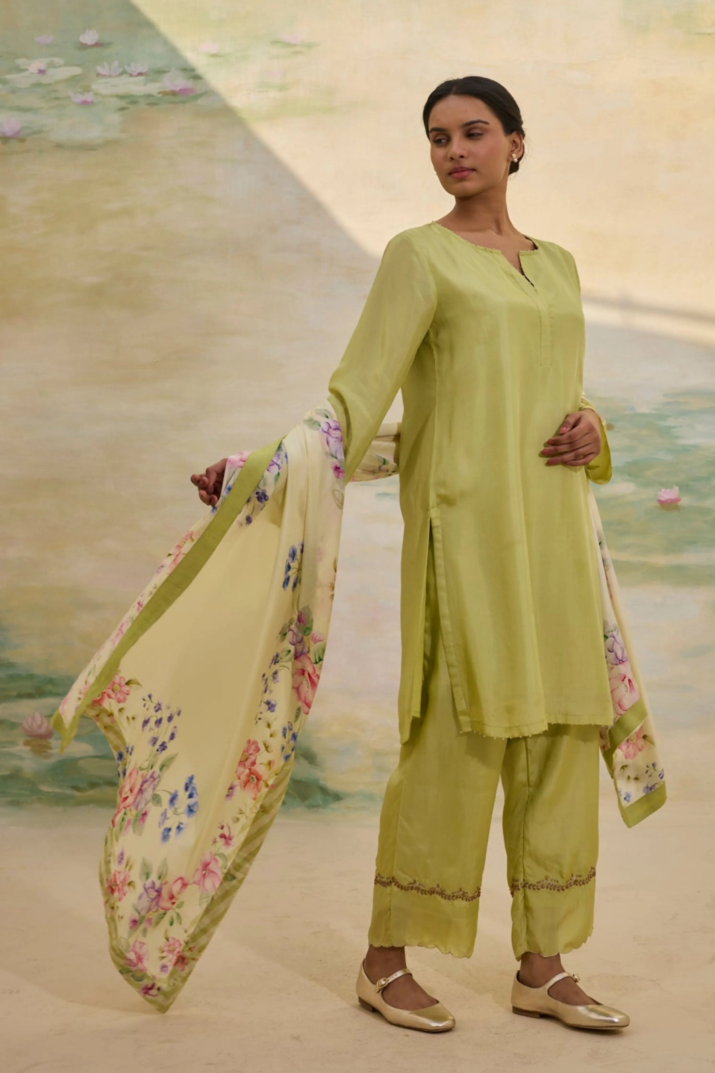 Green Short Silk Kurta Set
