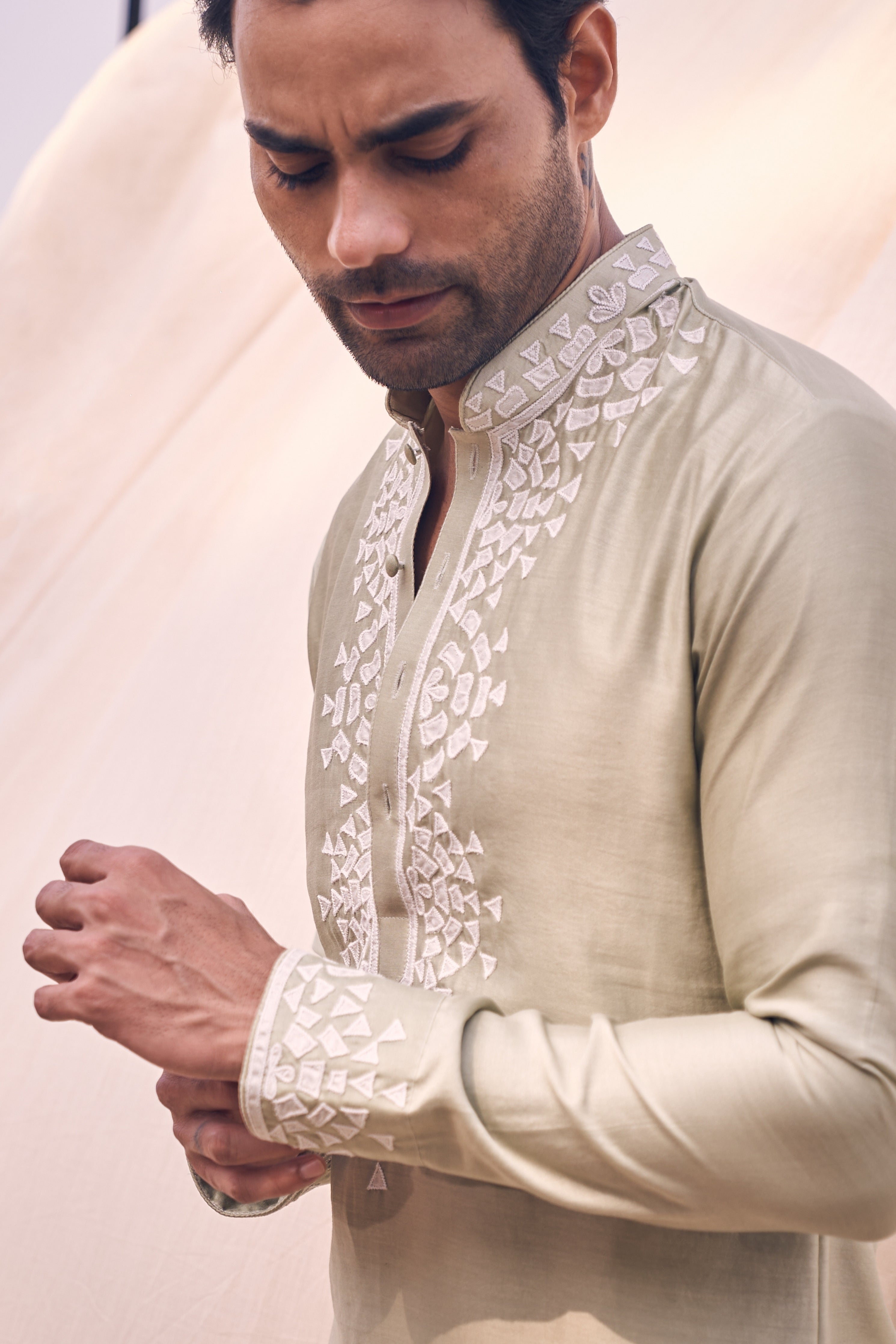 Pista Green Applique Kurta Set