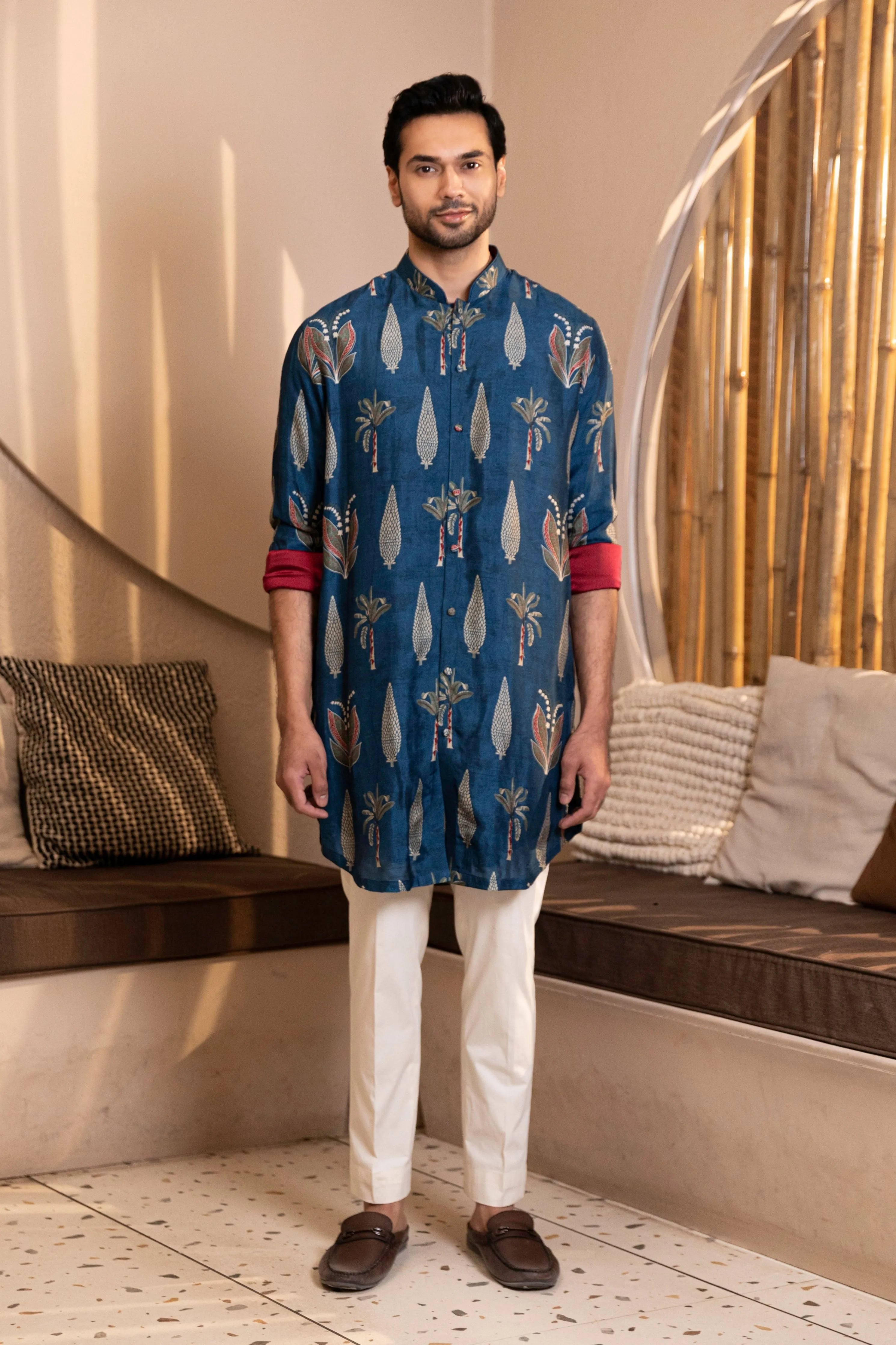 Palm Tree Print Kurta with Rollover Set