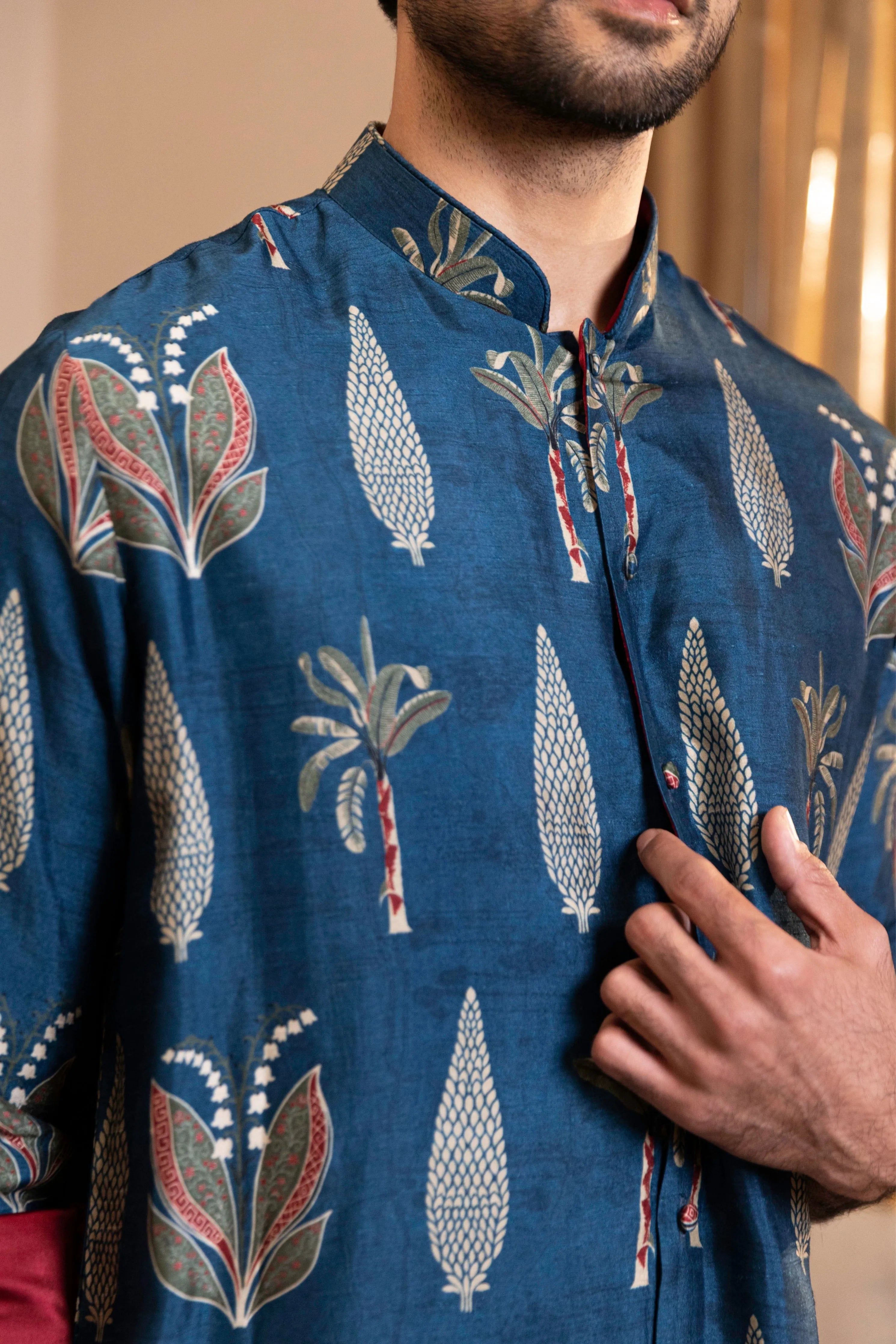 Palm Tree Print Kurta with Rollover Set
