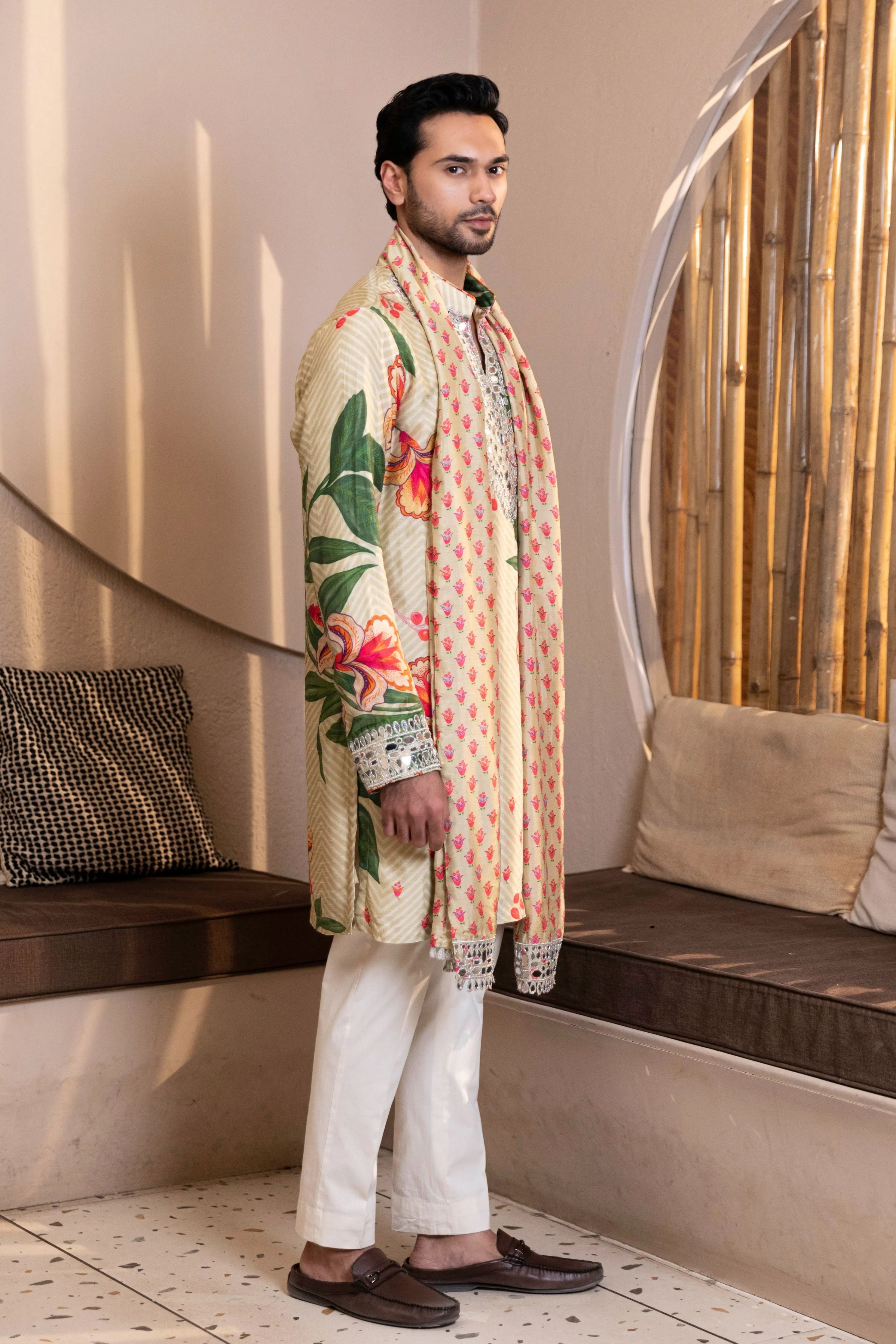 Mosaic Floral Printed Kurta with Mirror Work & Stole Set