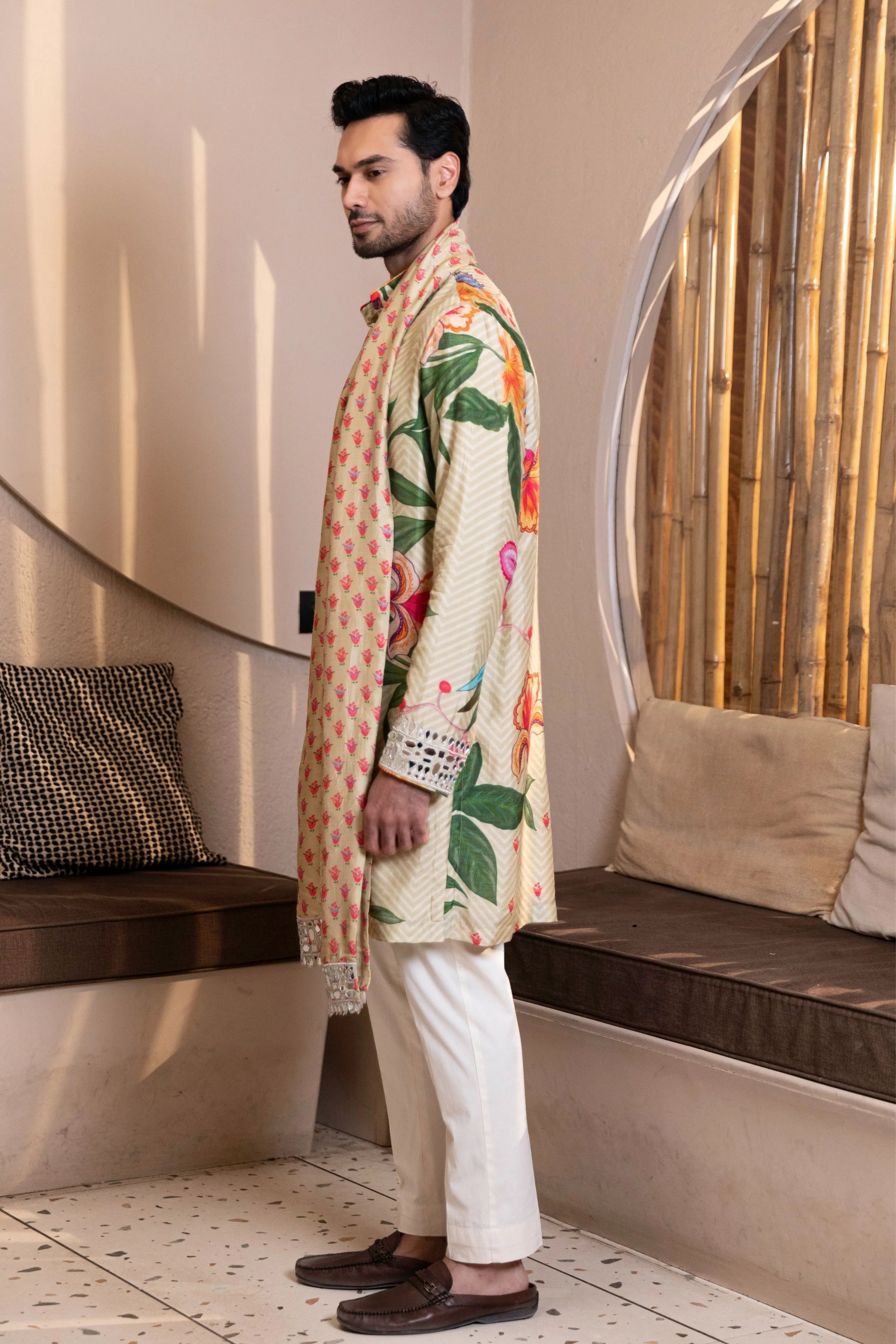 Mosaic Floral Printed Kurta with Mirror Work & Stole Set