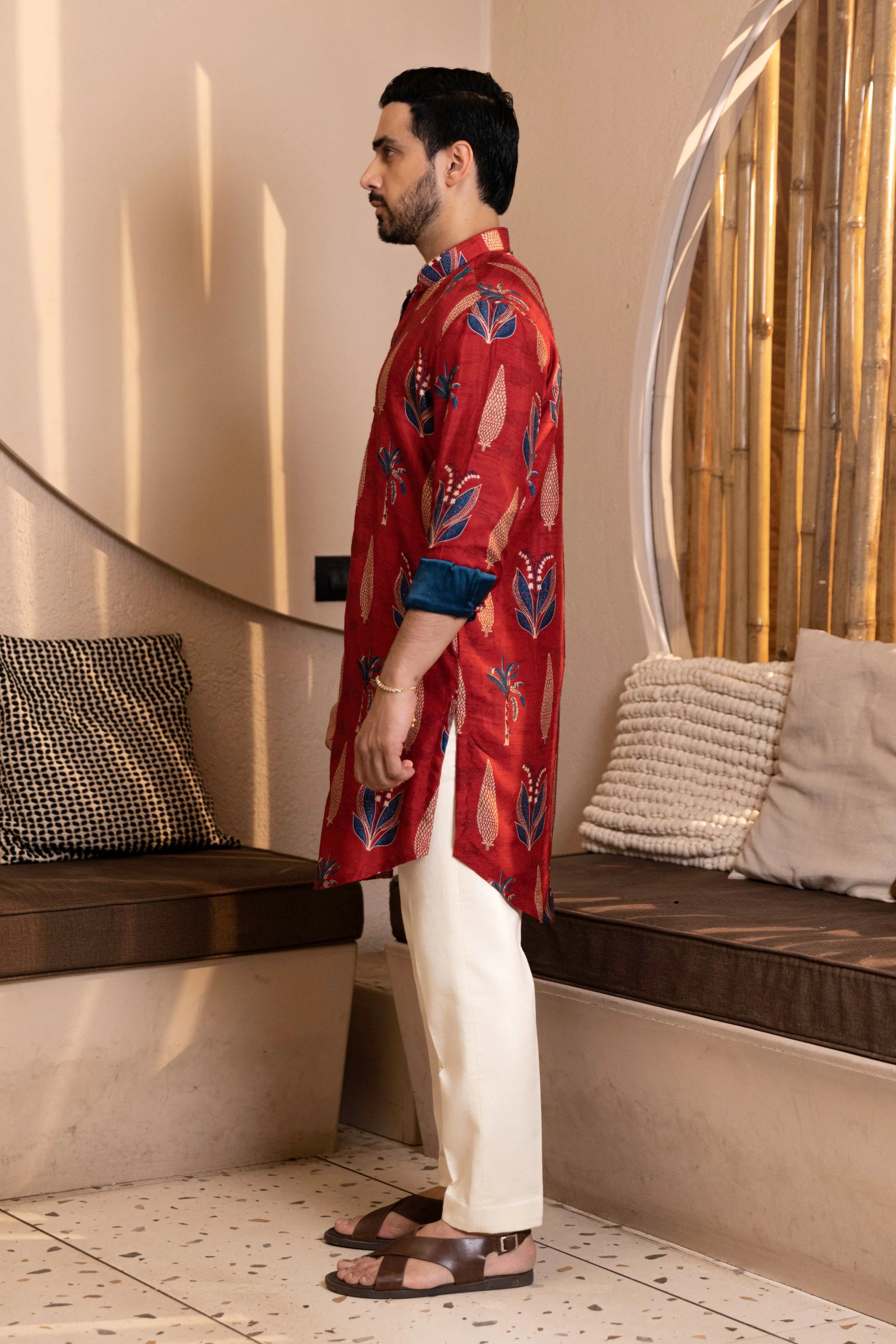 Palm Tree Print Kurta with Rollover Set