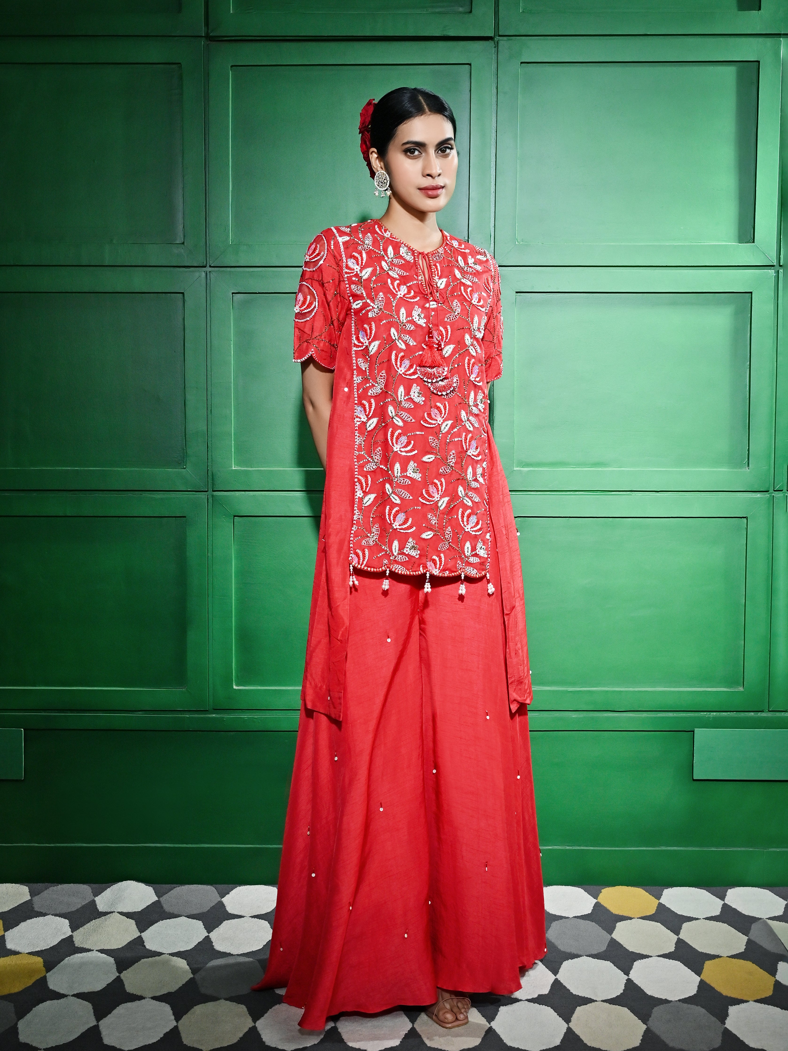 Red Embroidered Sharara Set