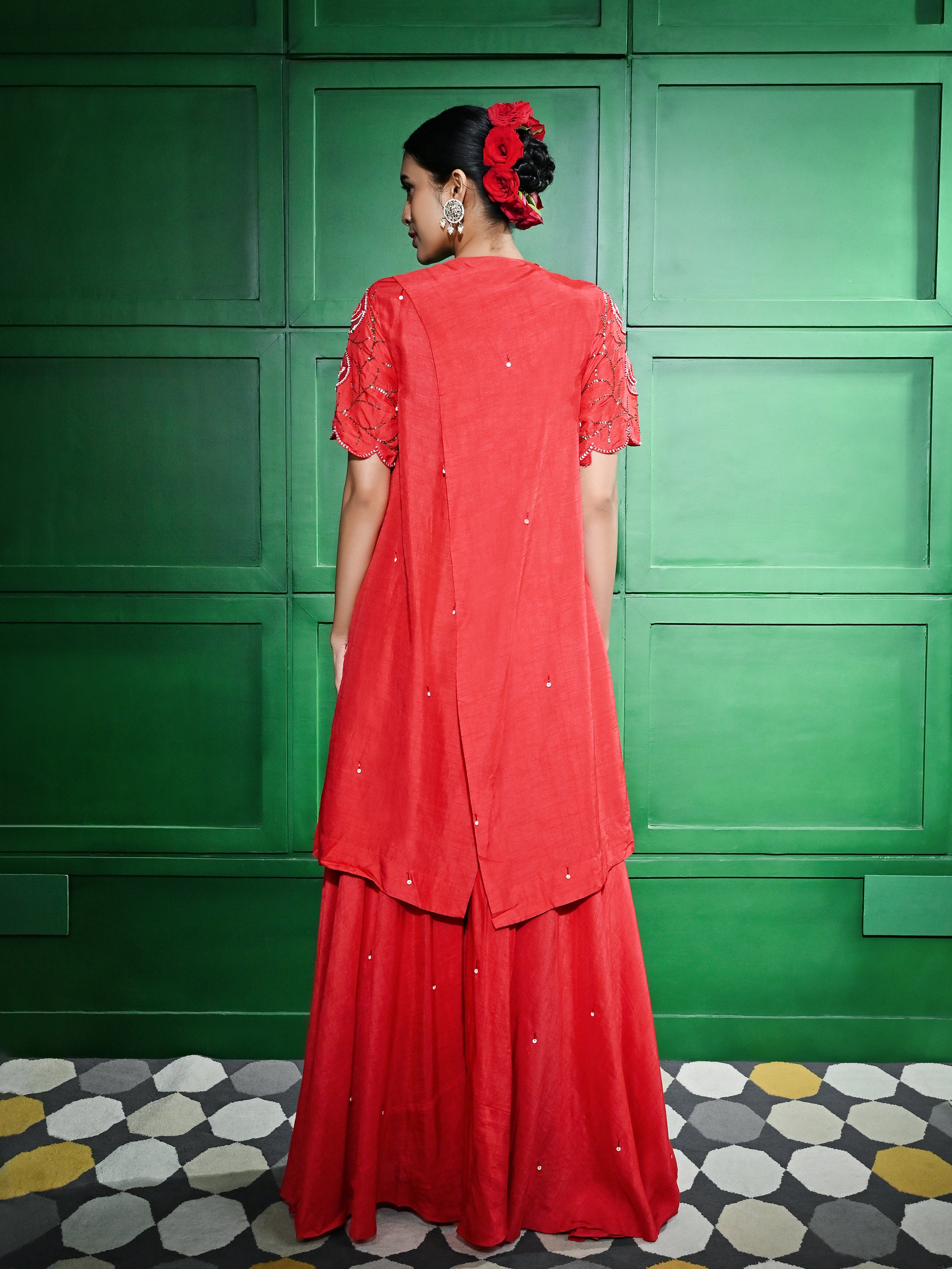 Red Embroidered Sharara Set