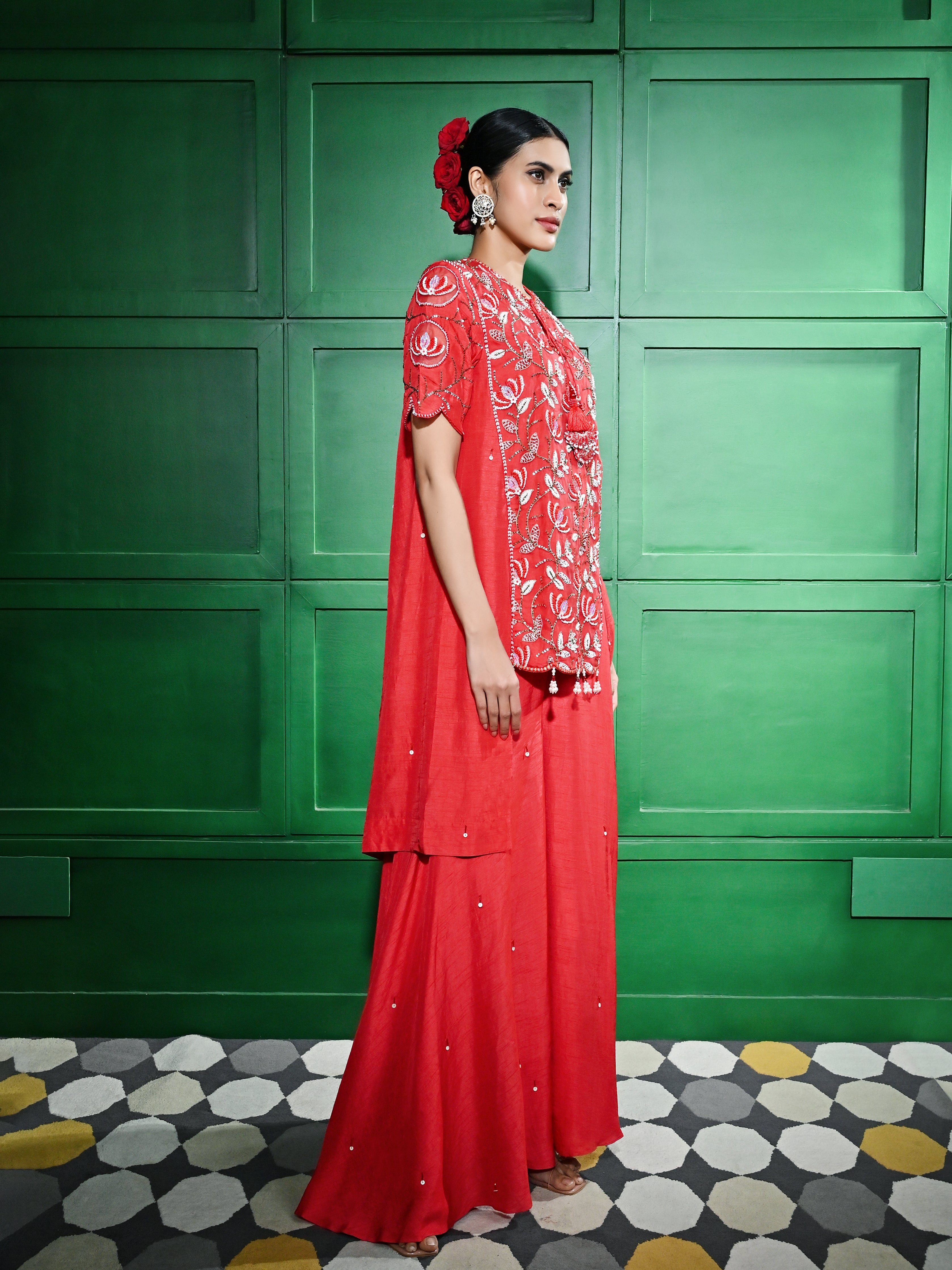 Red Embroidered Sharara Set