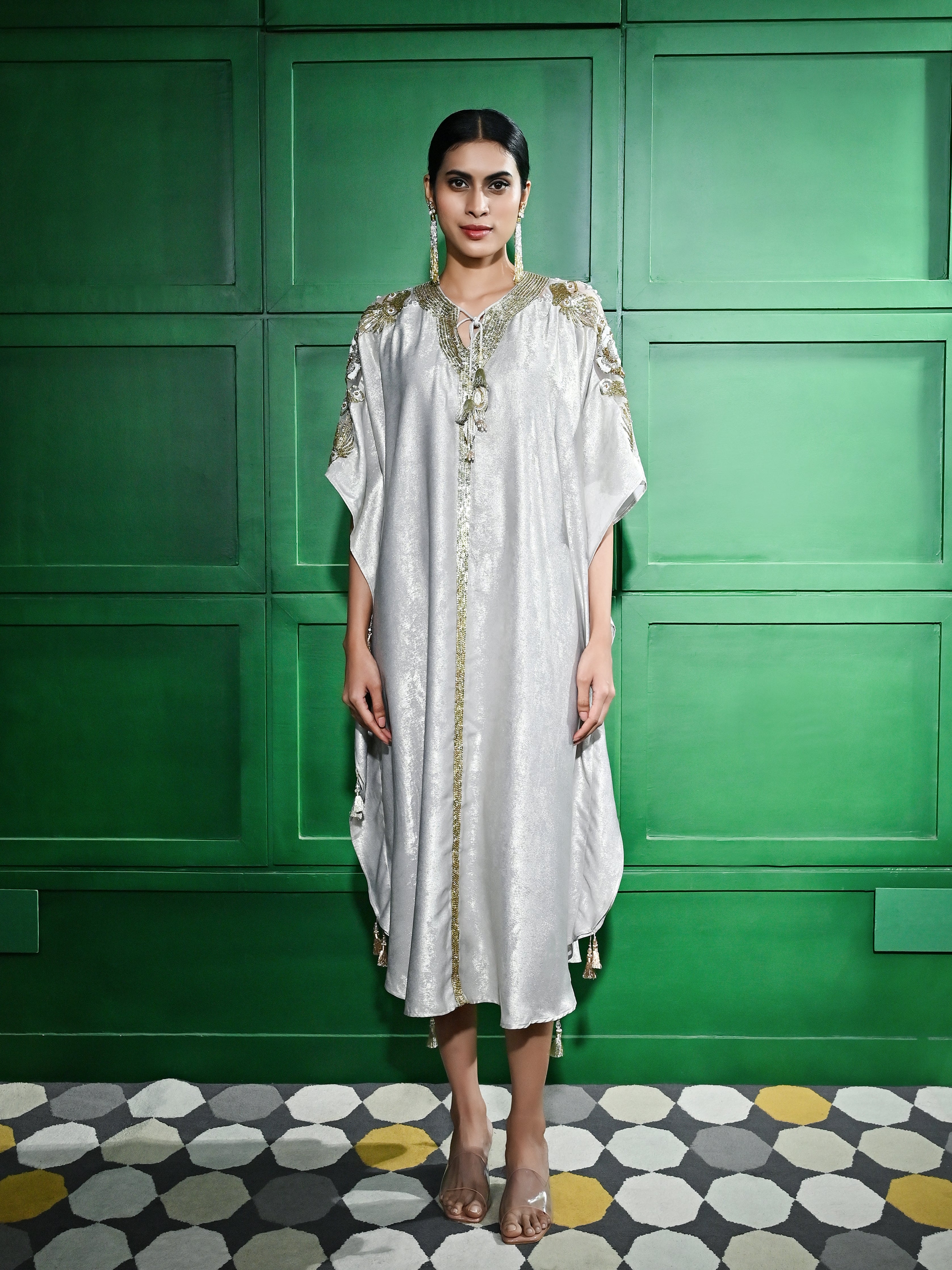 Beige Gold Foil Kaftan
