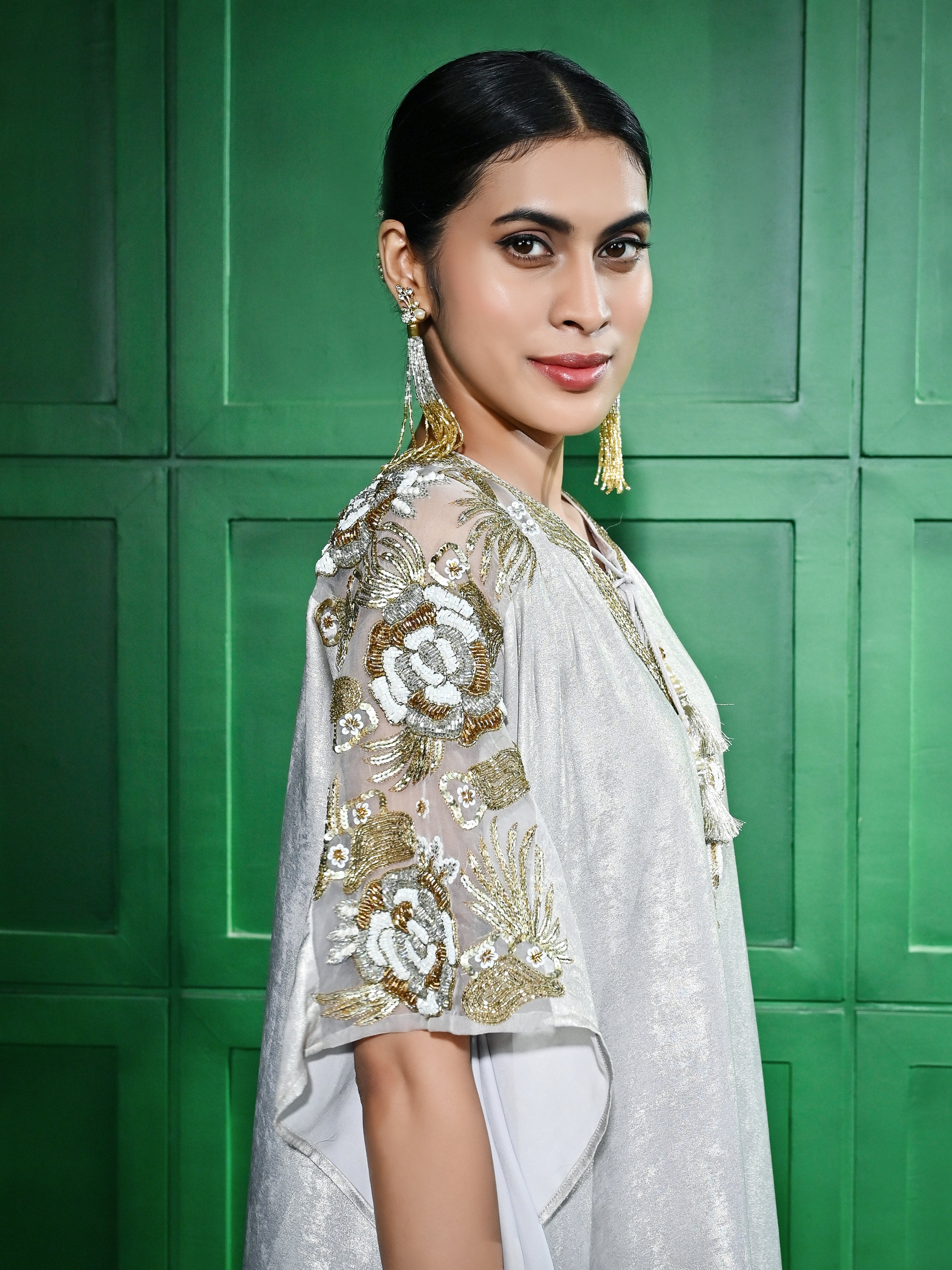 Beige Gold Foil Kaftan