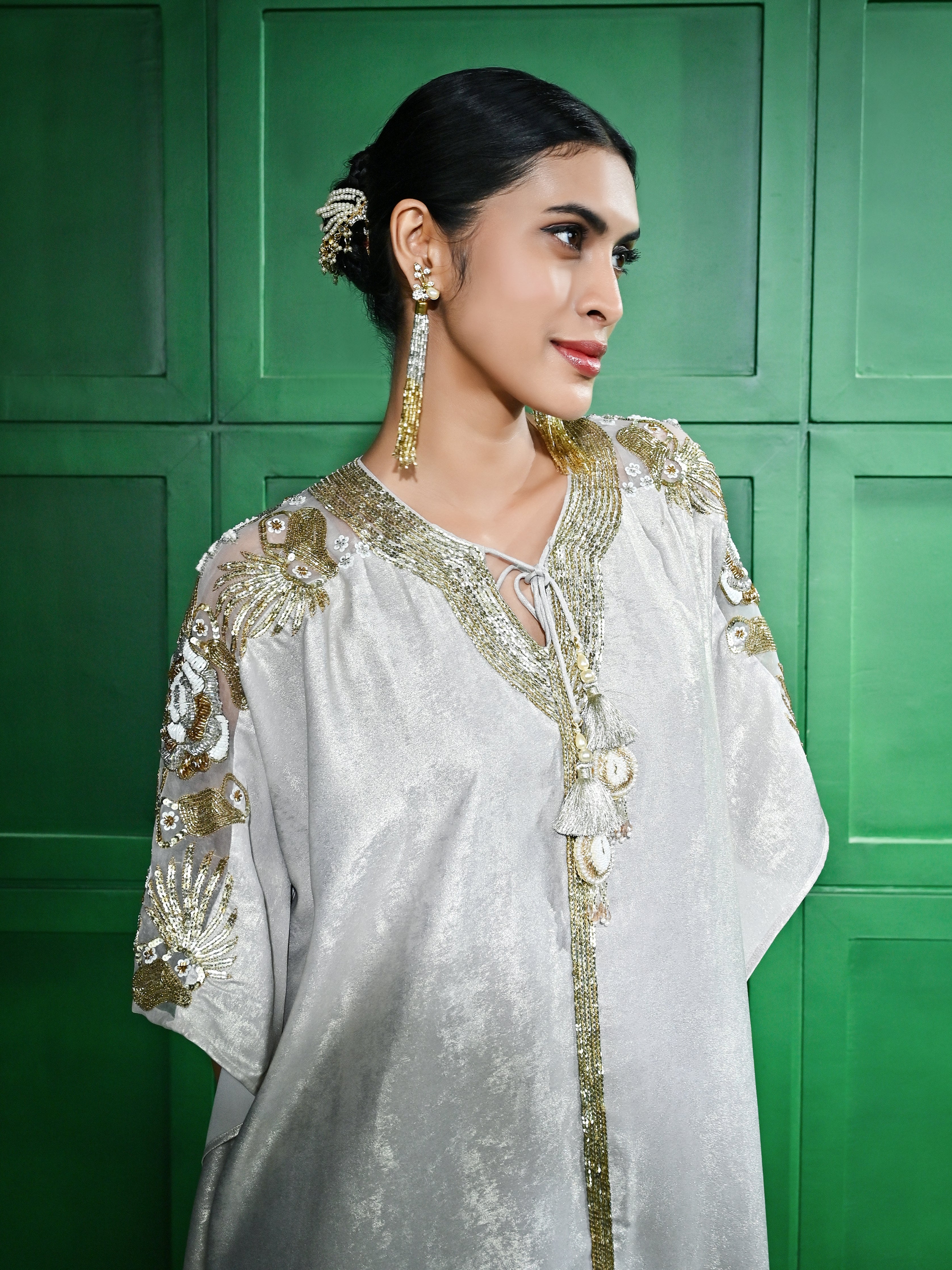 Beige Gold Foil Kaftan