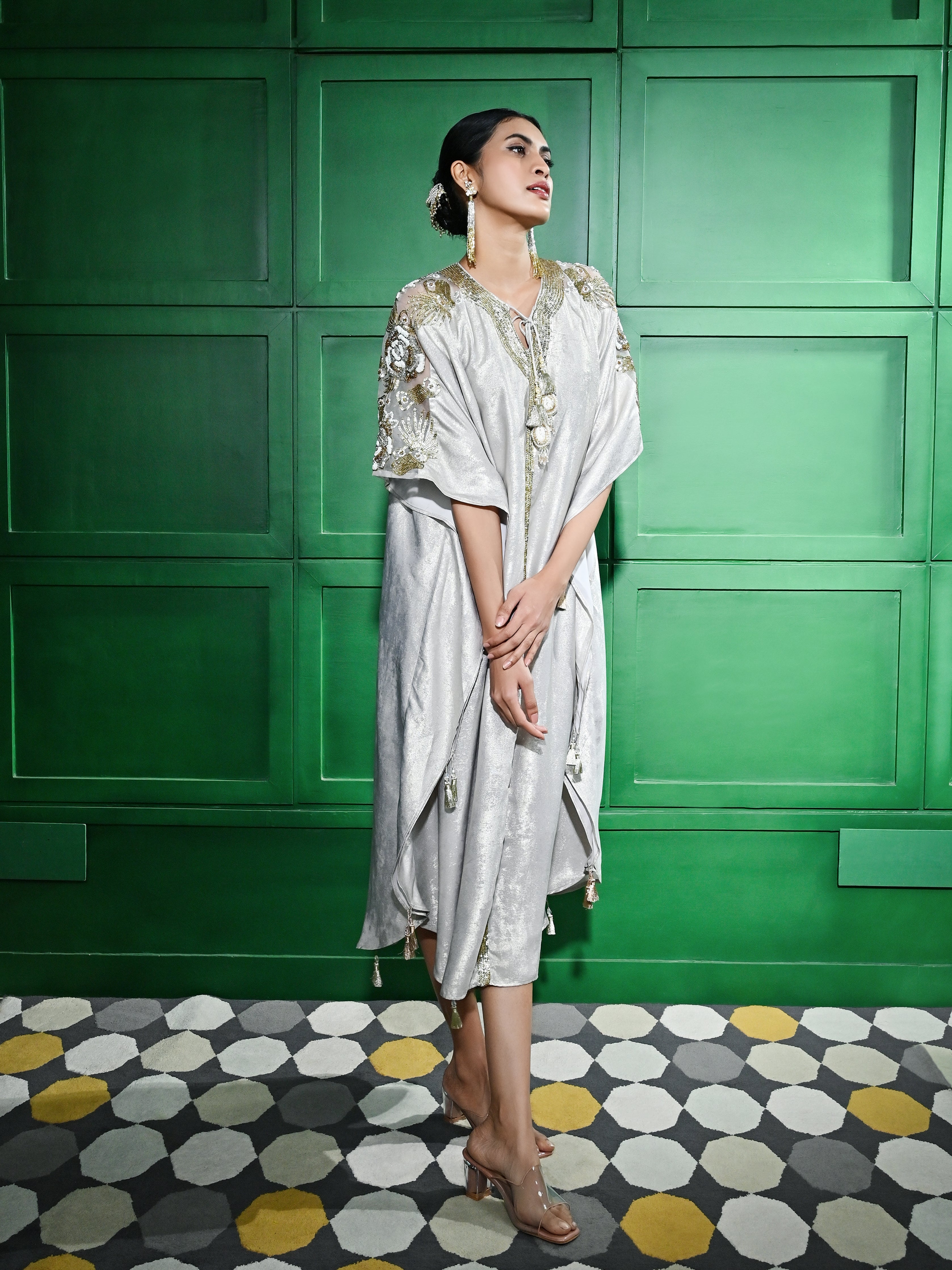 Beige Gold Foil Kaftan