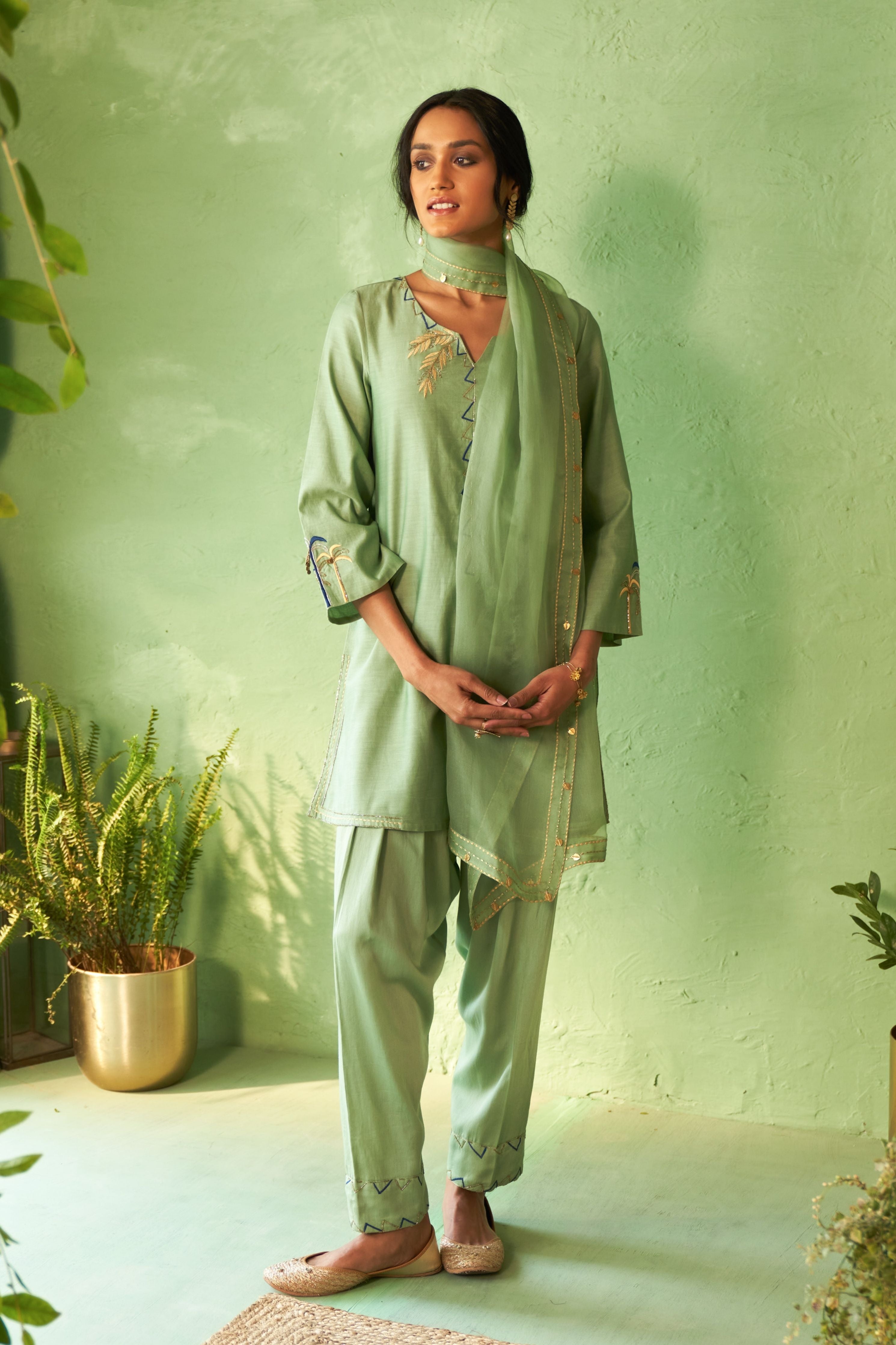 Tea Green Short Kurta Set