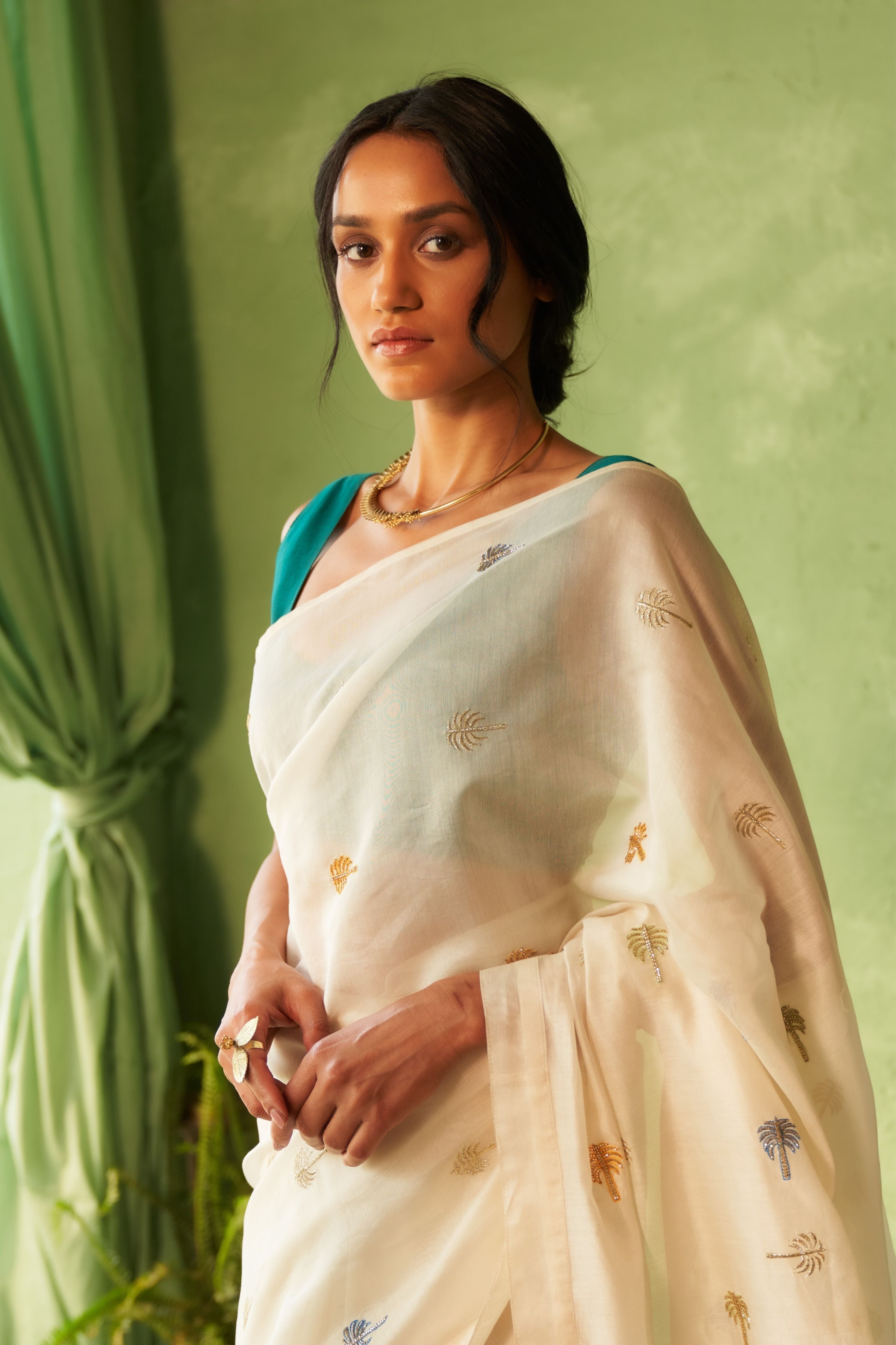 Saree with Peacock Green Blouse