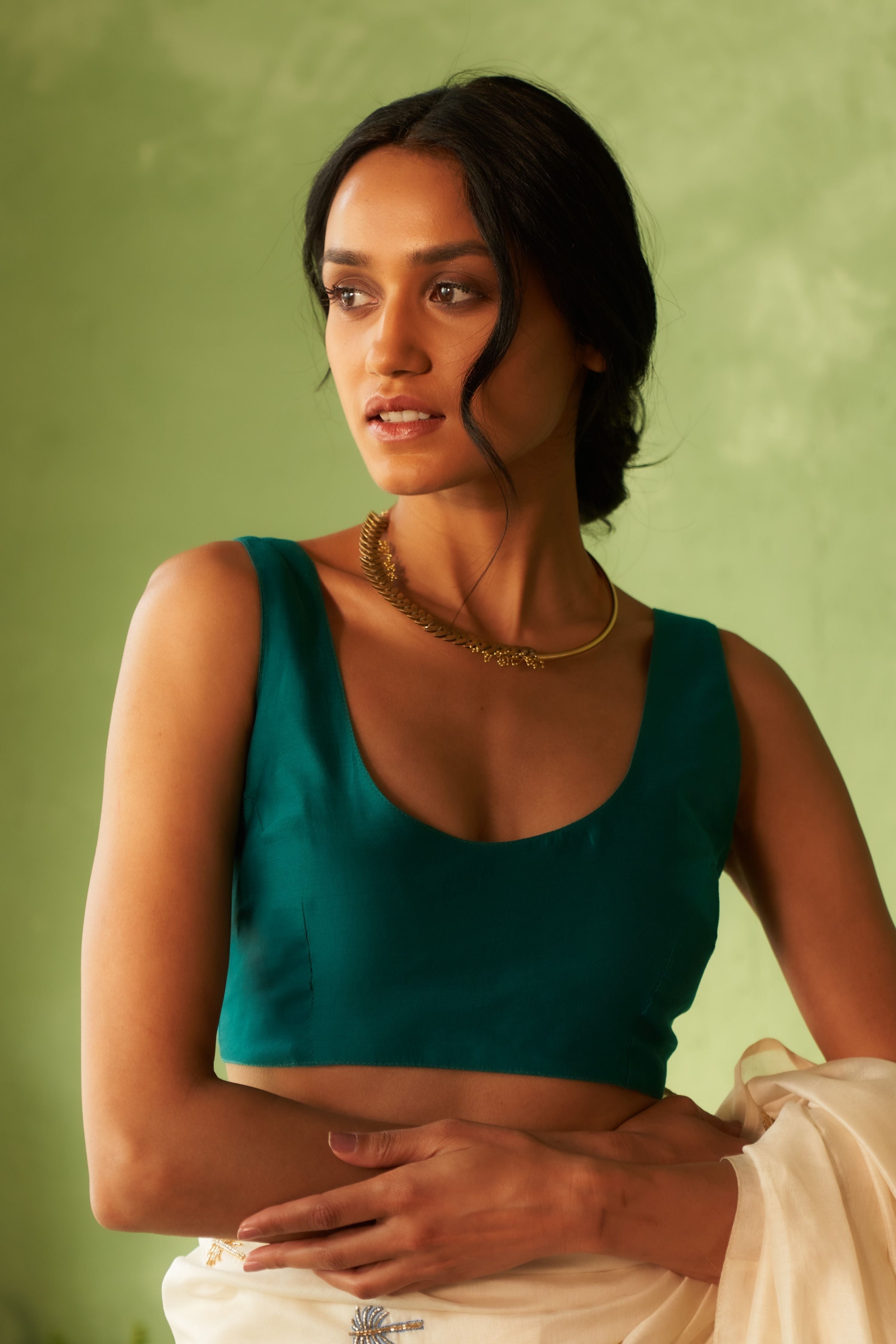 Saree with Peacock Green Blouse