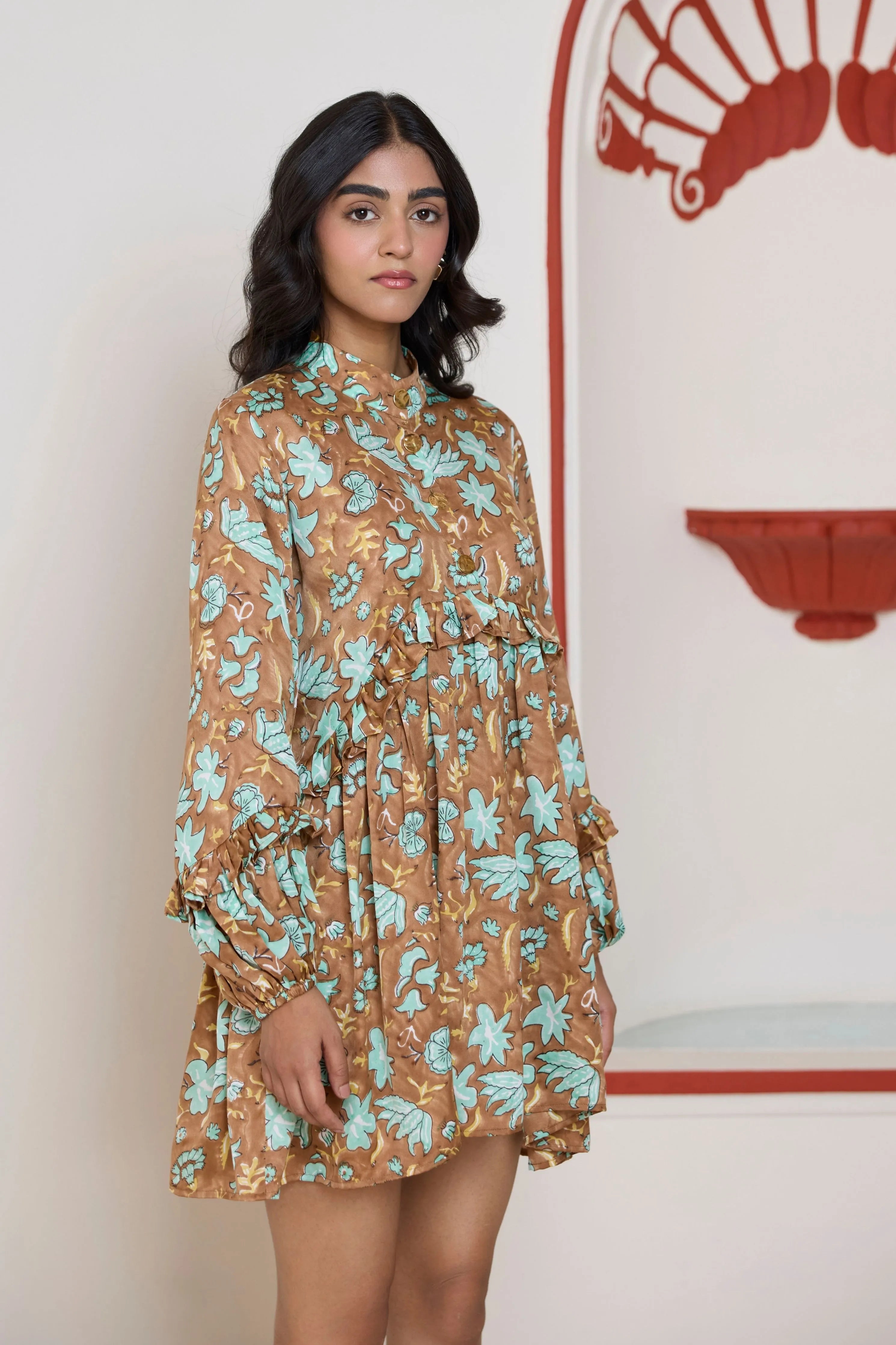Umber Garden Ruffle Dress