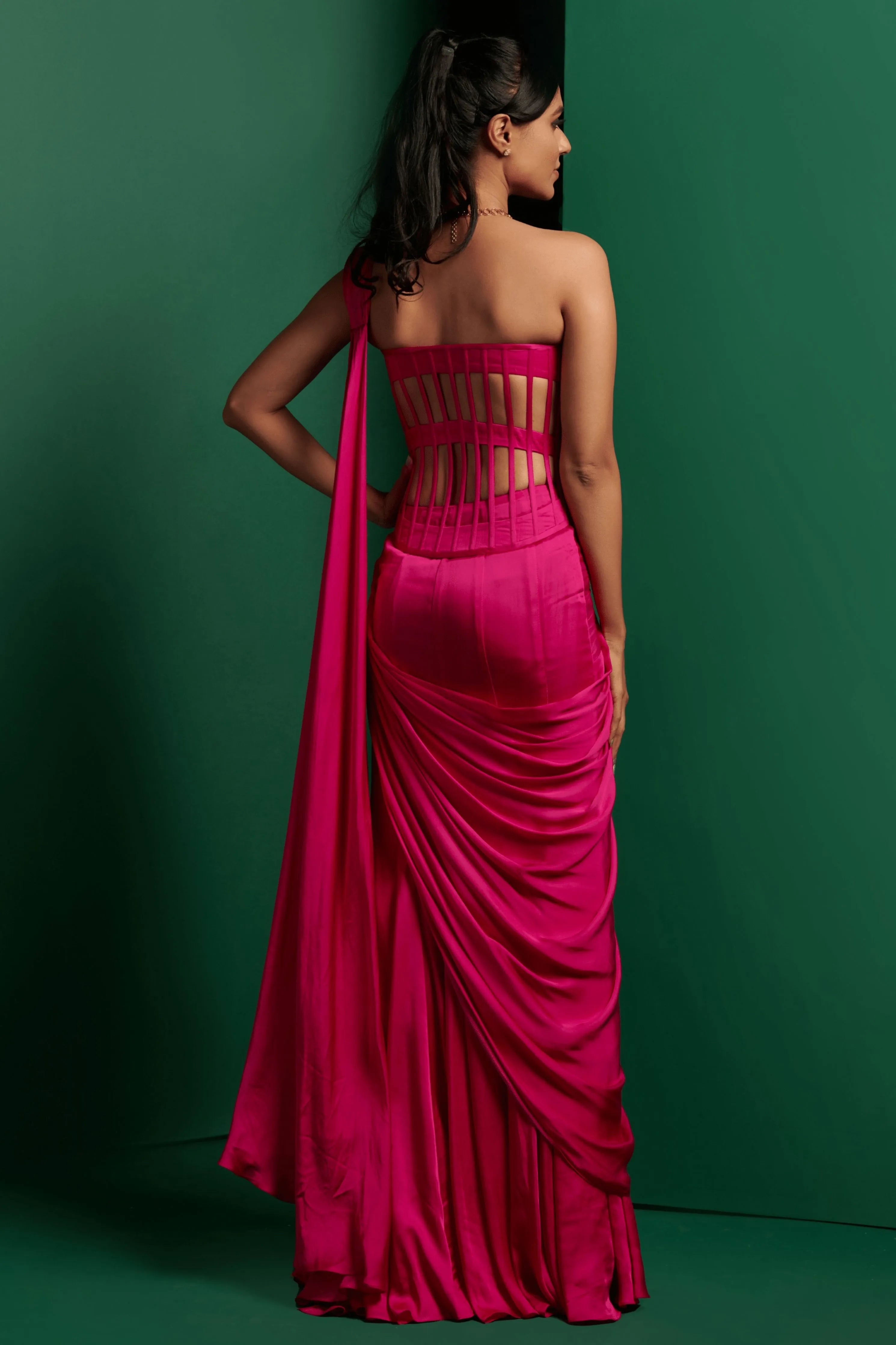 Hot Pink Draped Saree Set