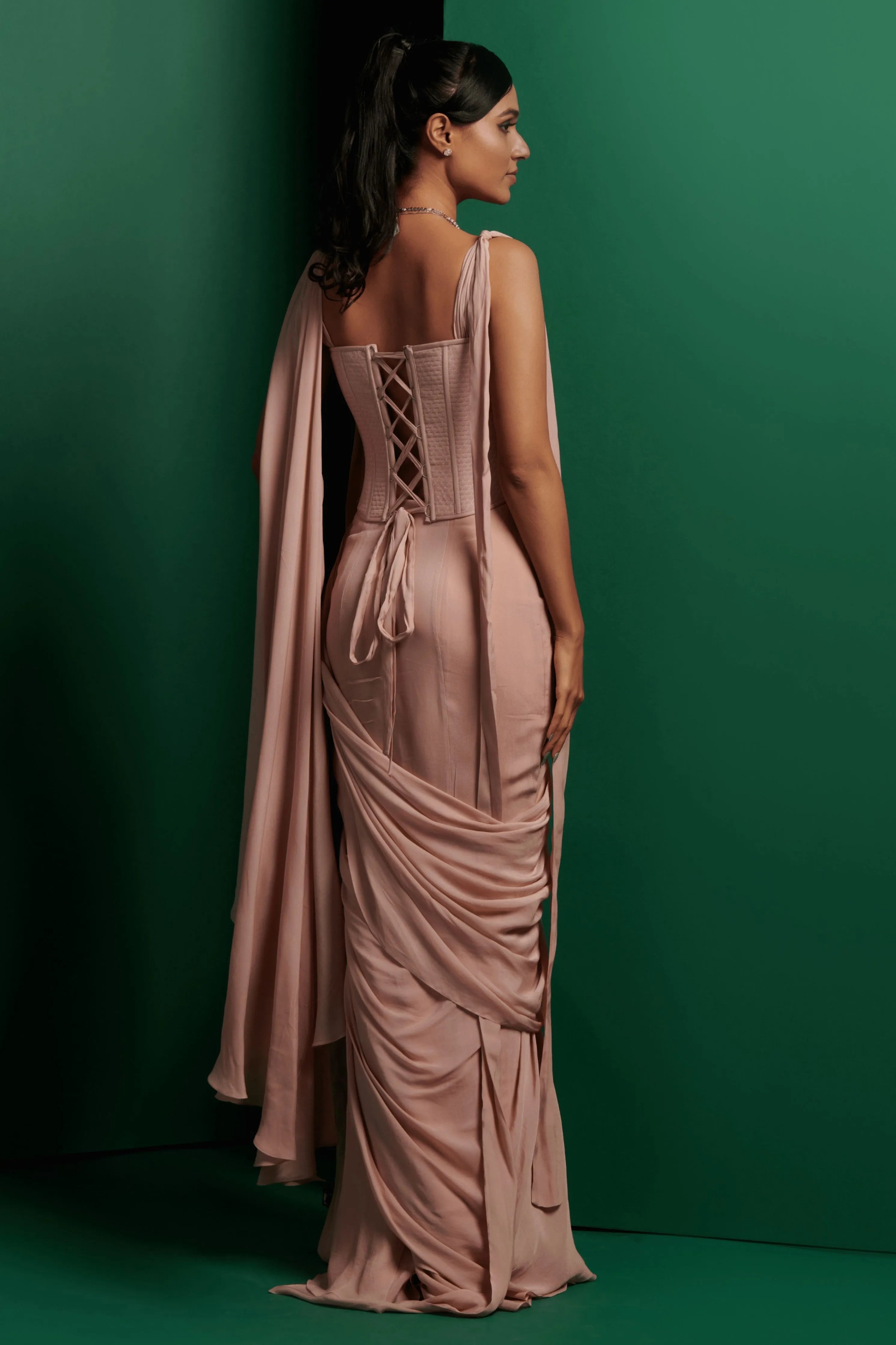 Pastel Pink Drape Saree Set