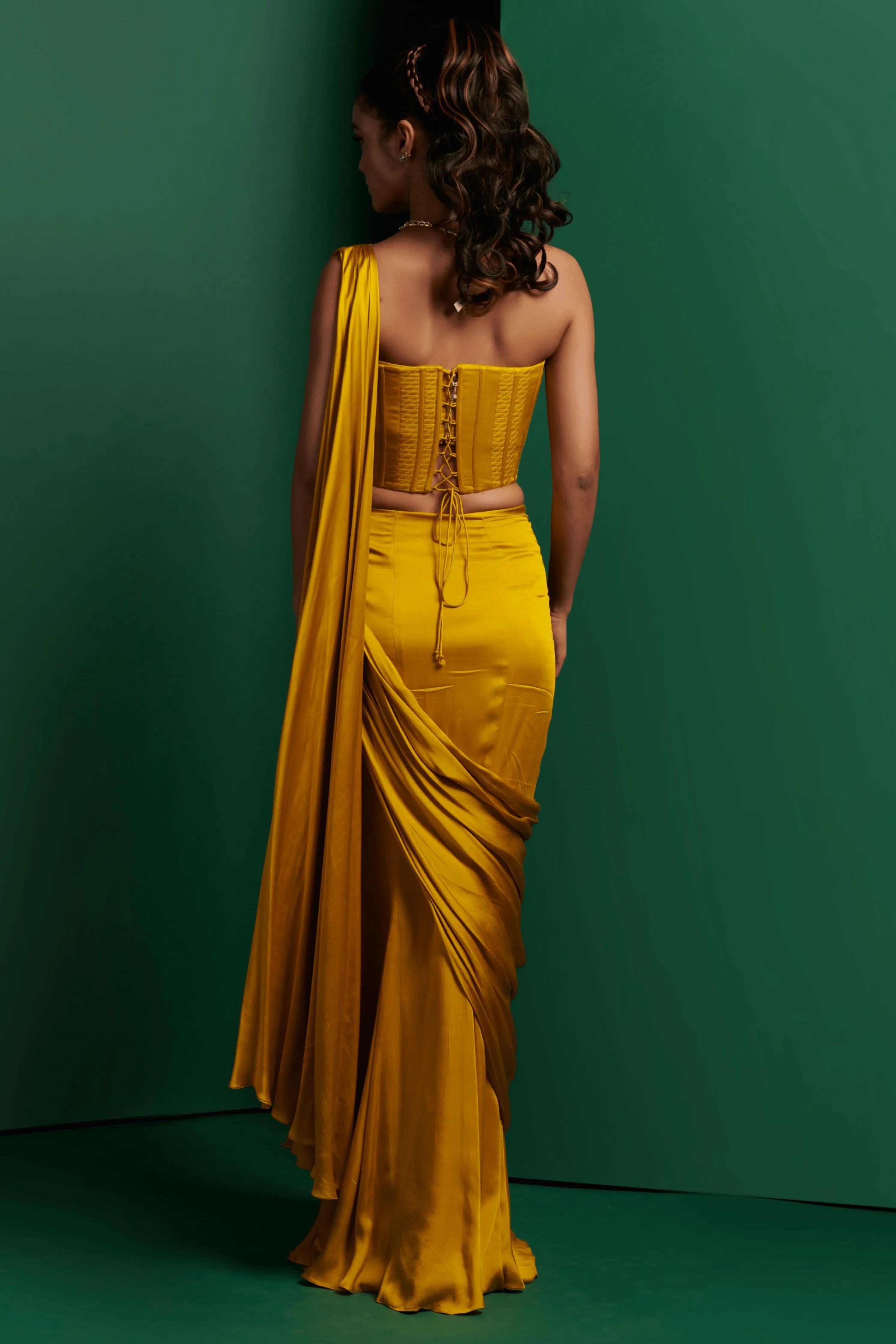 Golden Yellow Draped Saree Set