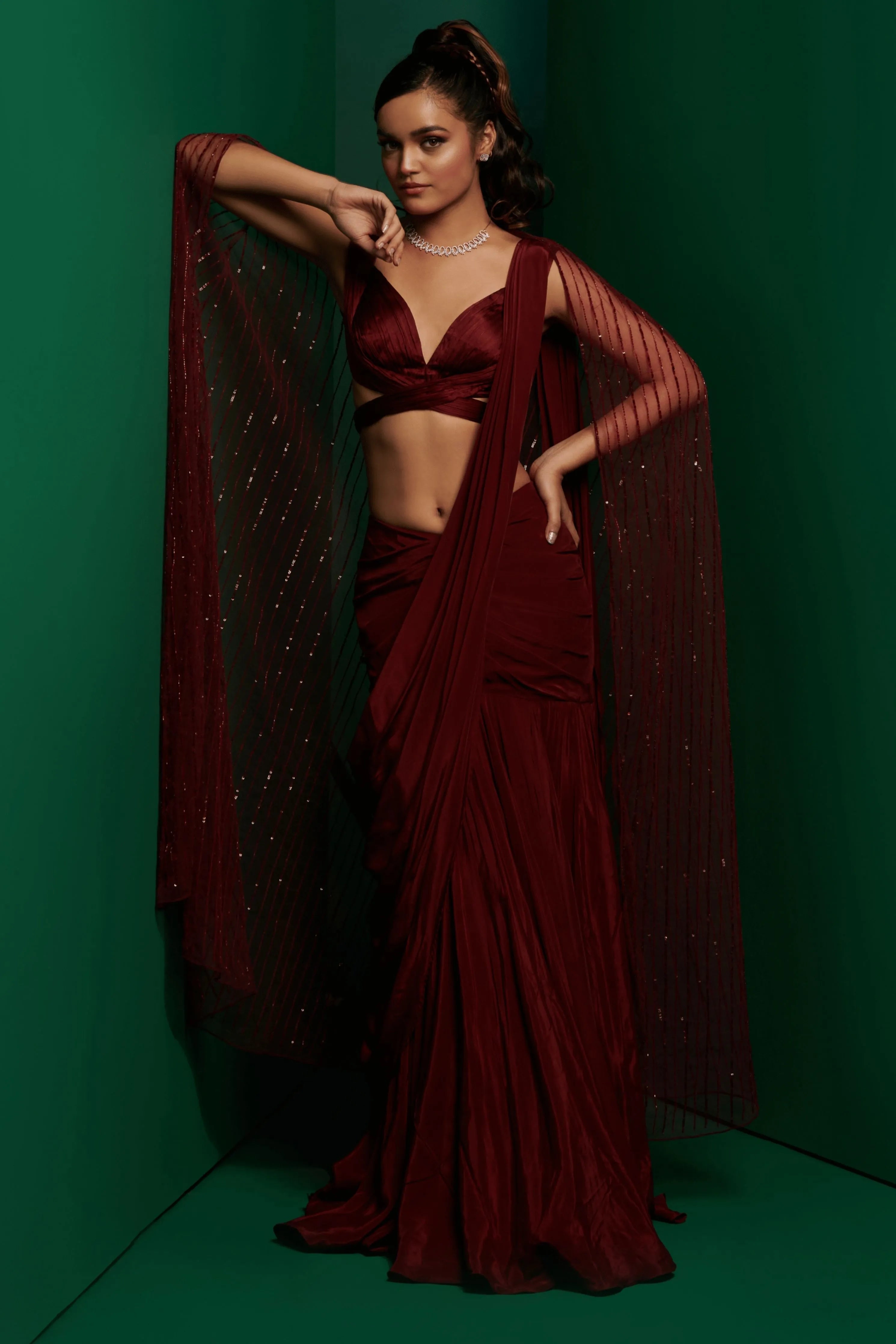 Dark Maroon Draped Saree Set