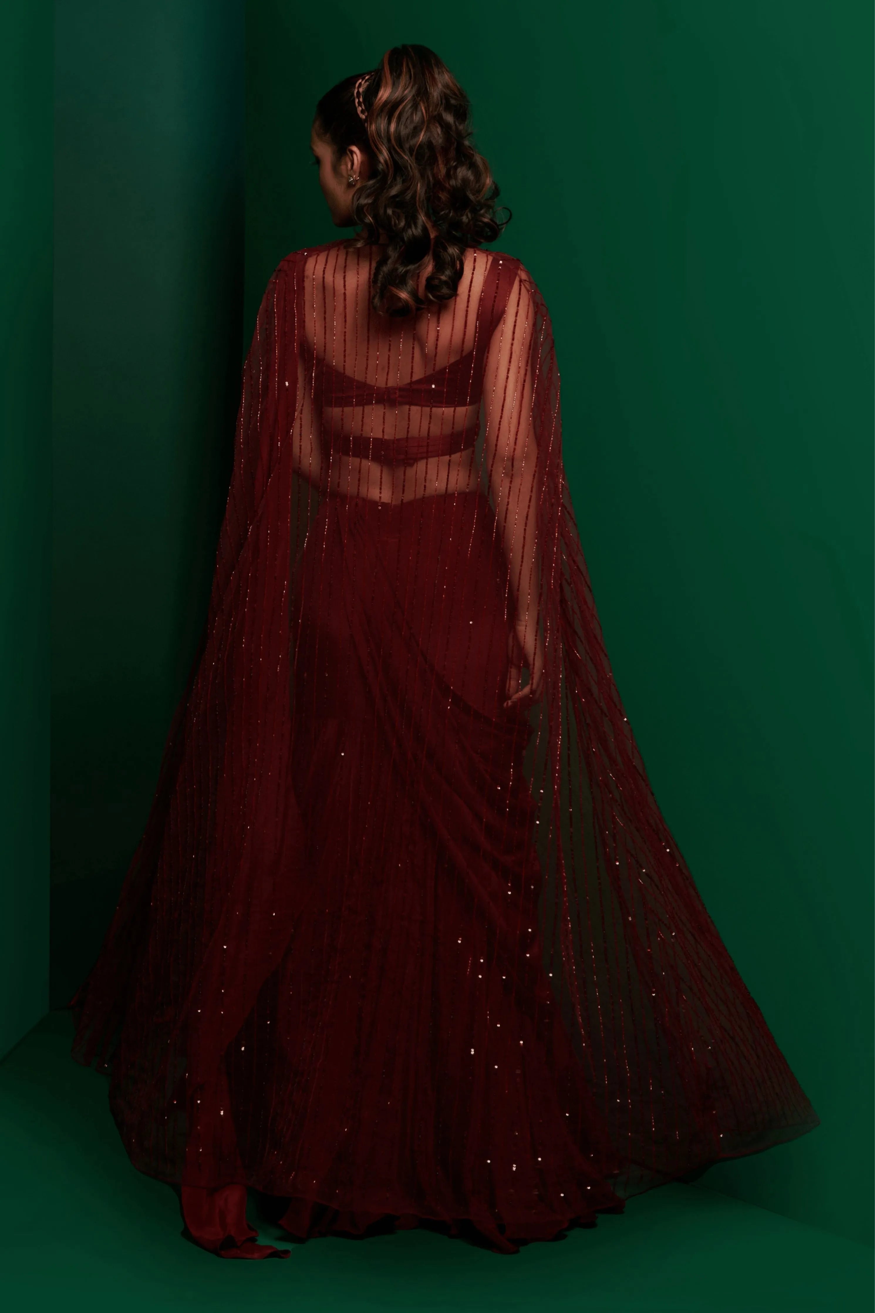 Dark Maroon Draped Saree Set