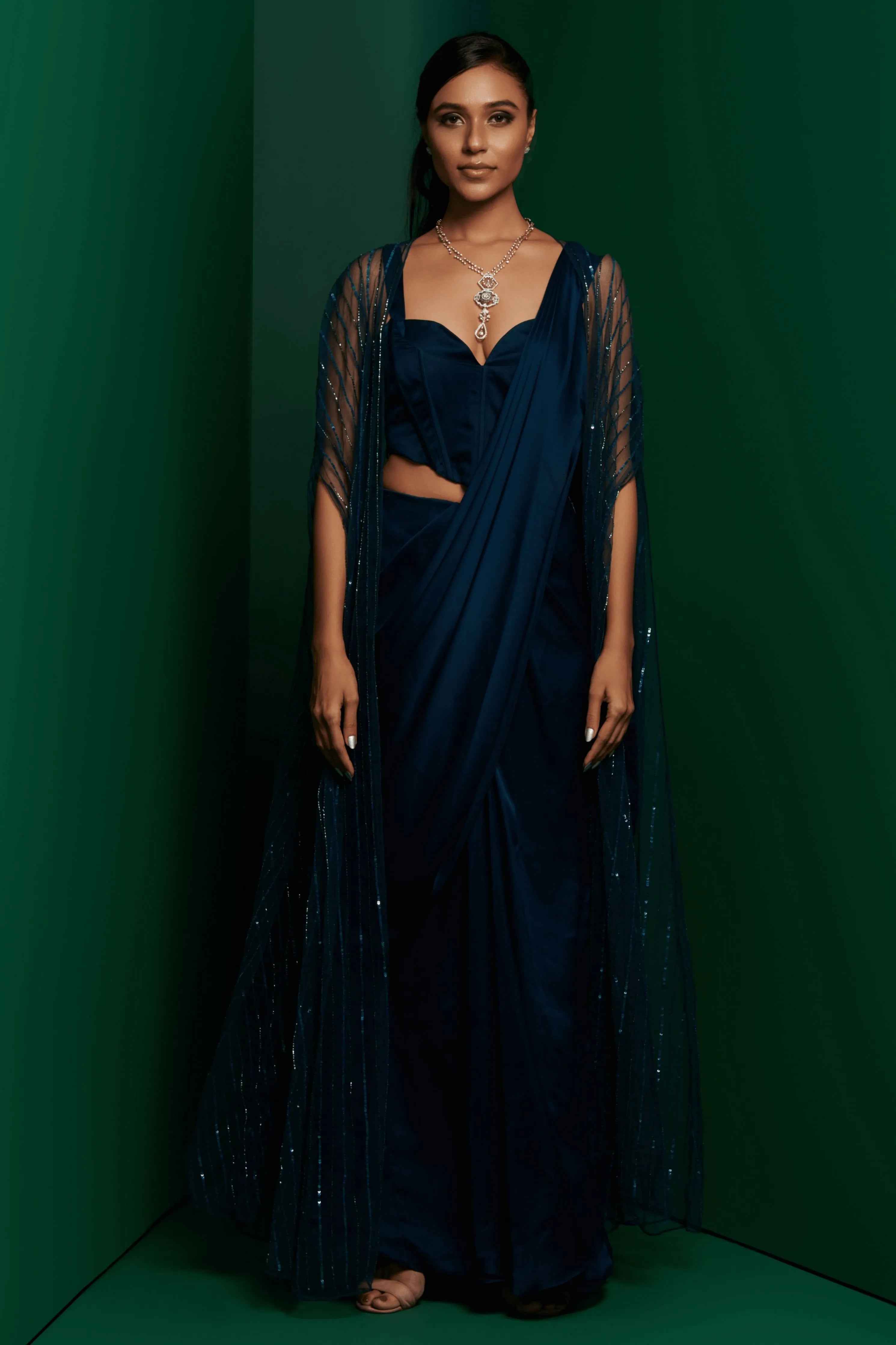 Teal Blue Draped Saree Set