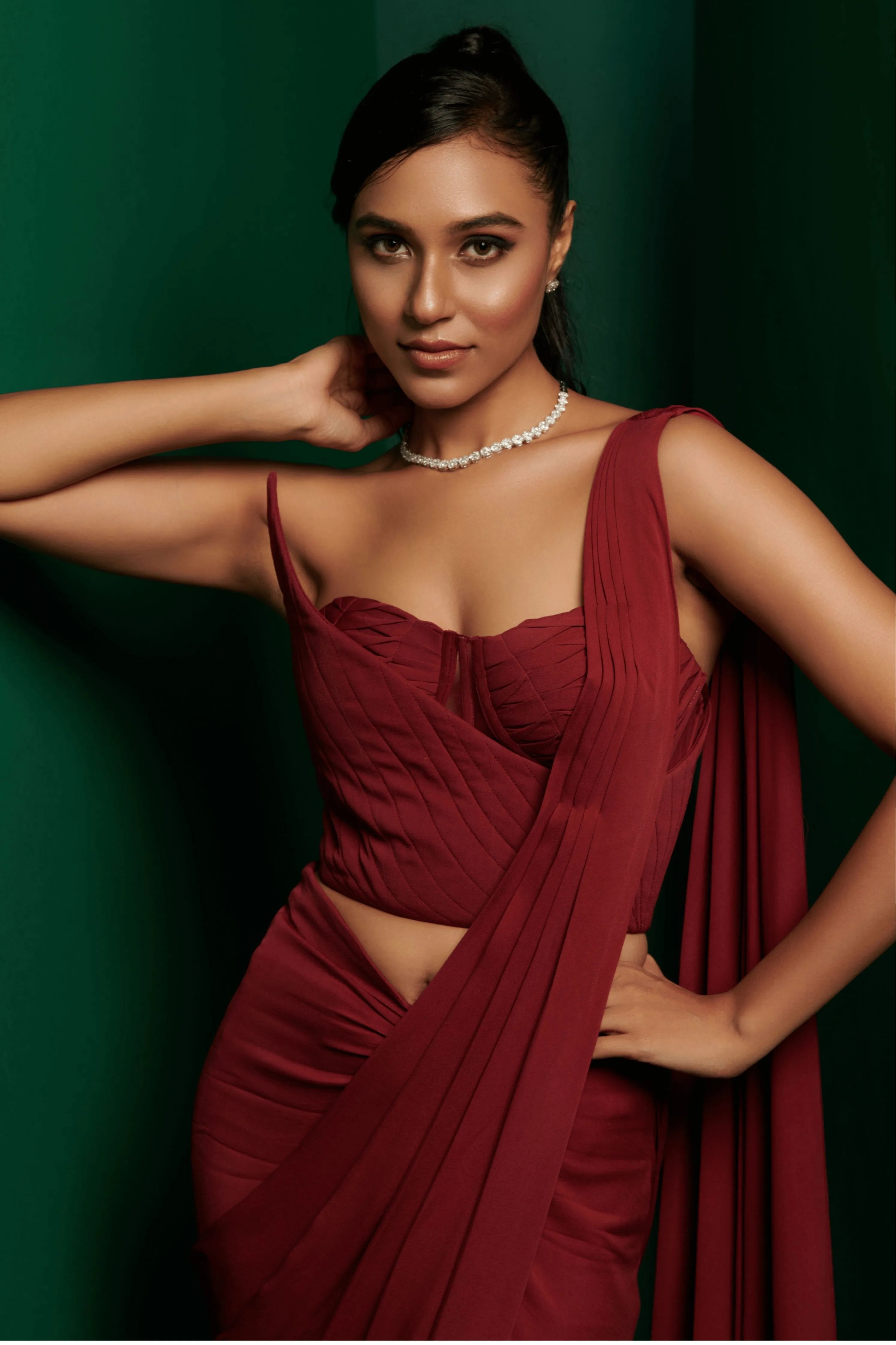 Wine Red Draped Saree Set