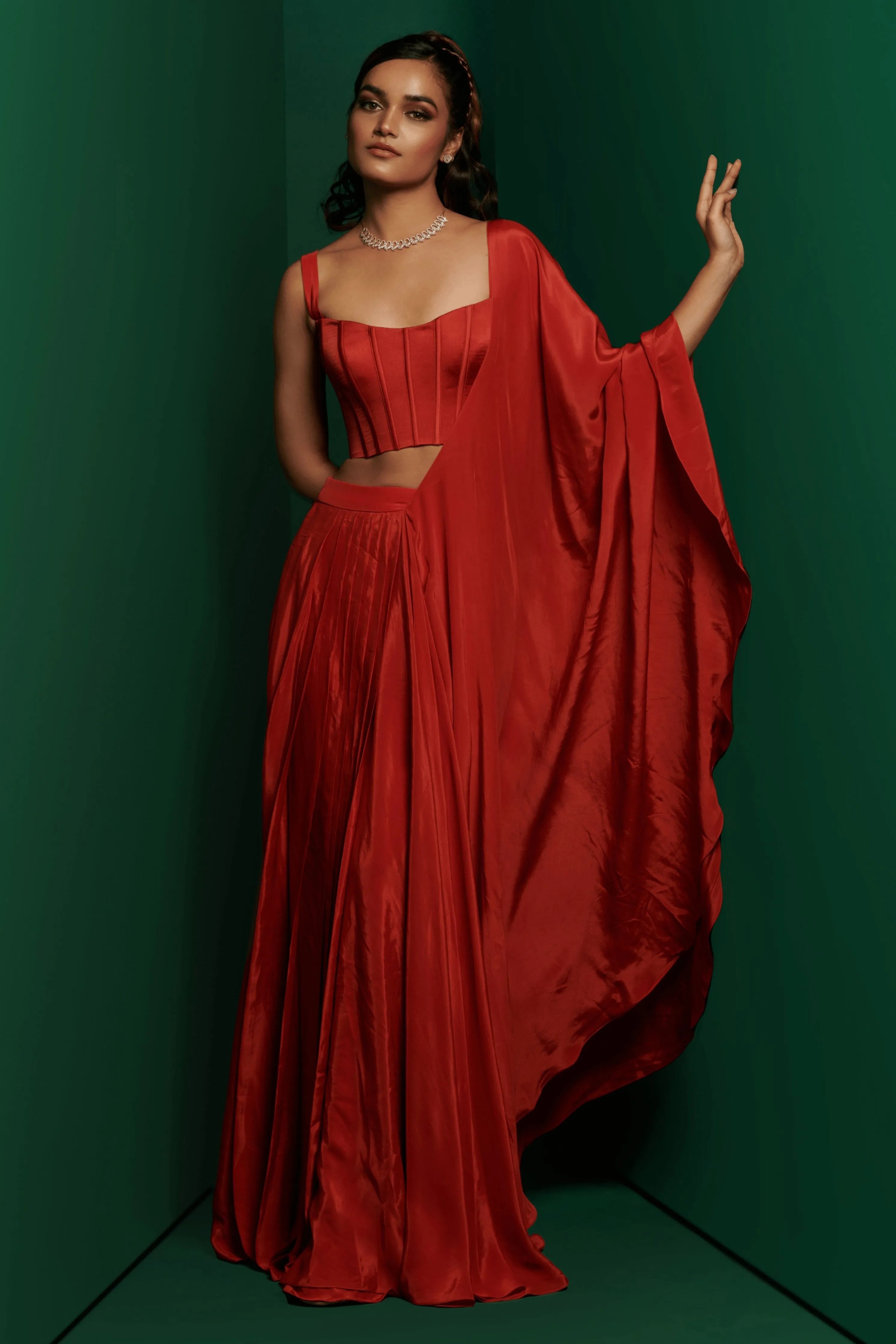Rust Orange Draped Saree Set