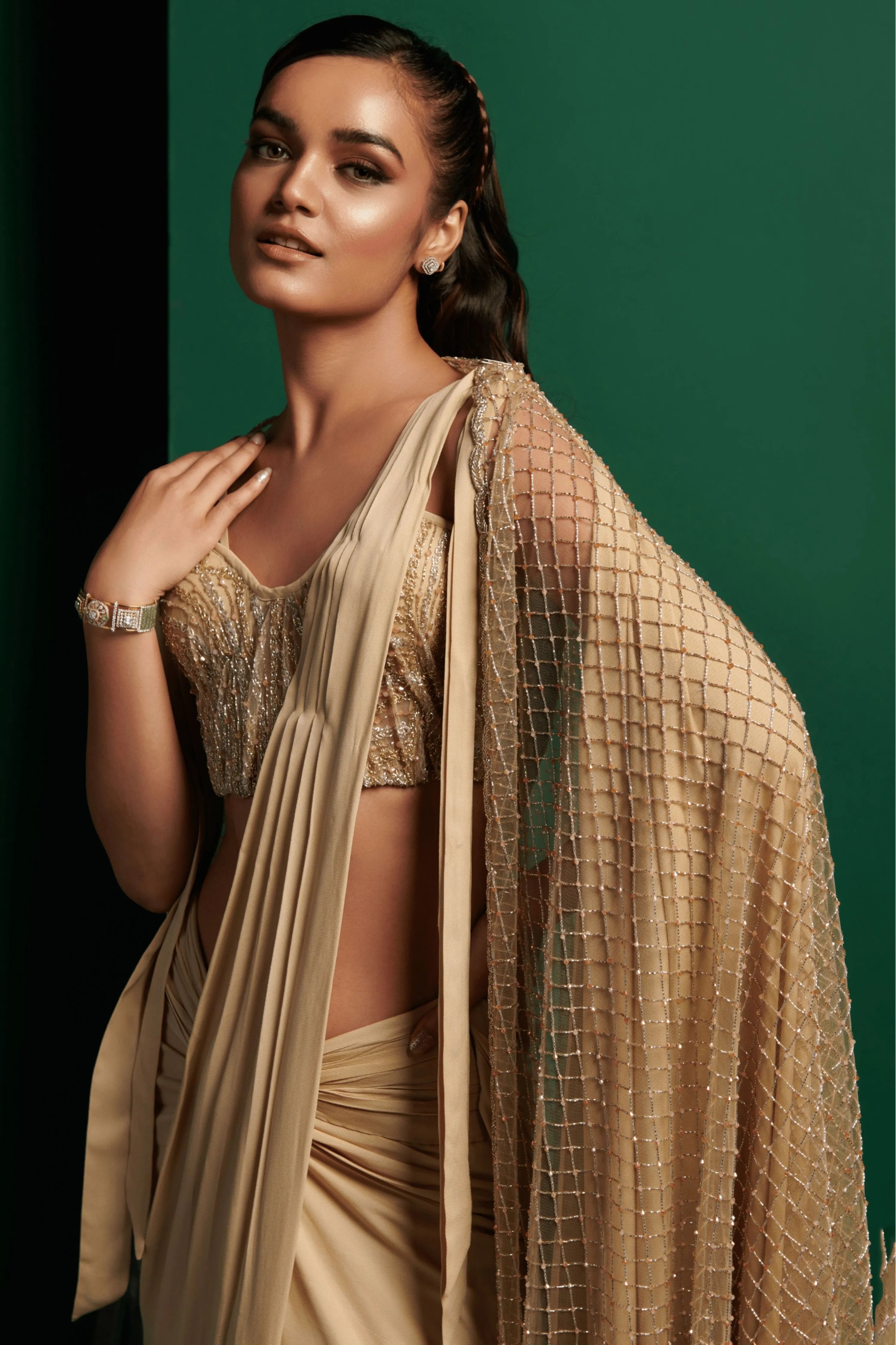 Champagne Gold Draped Saree Set